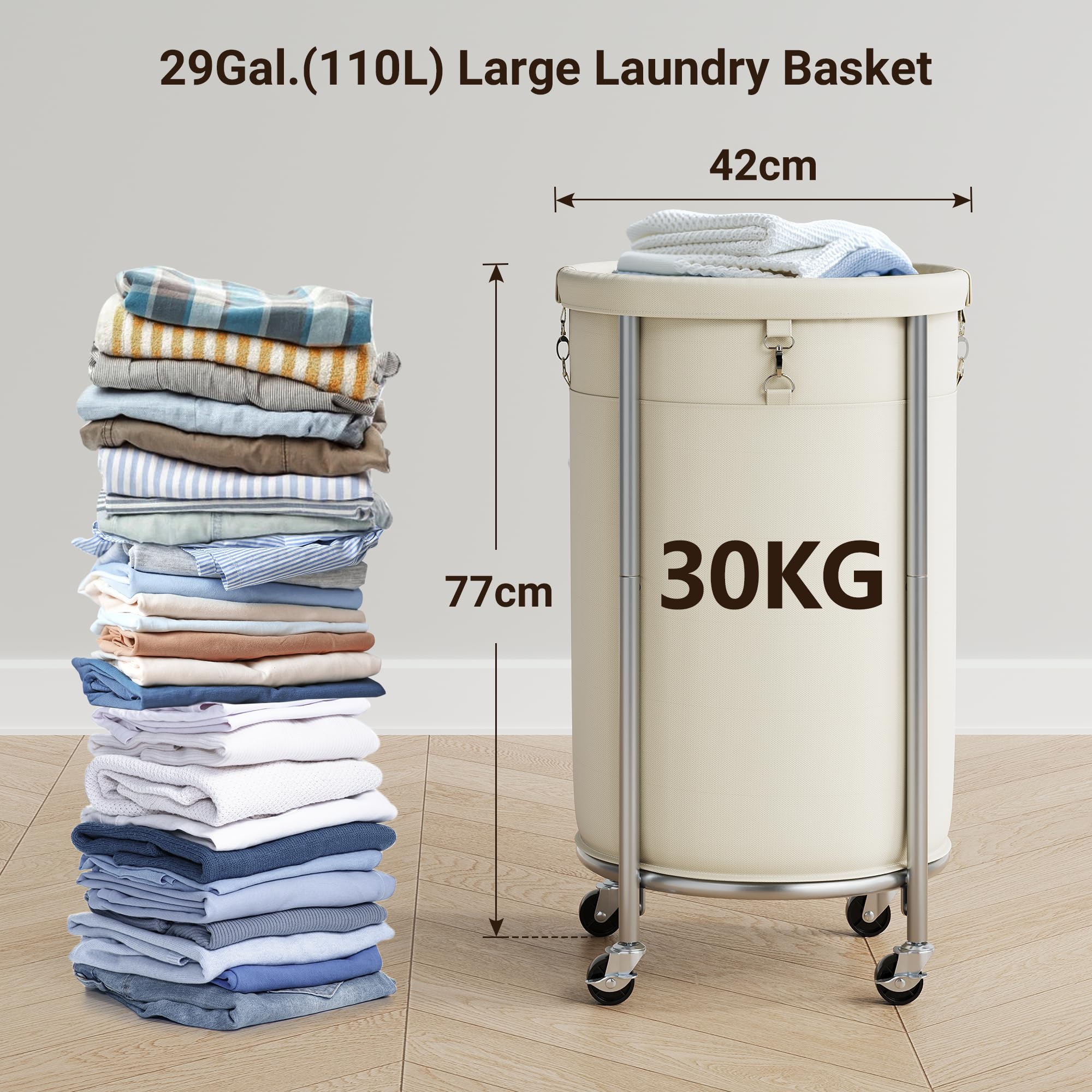 ELYKEN Cesta de lavandería con ruedas, cesta de lavandería rodante de 110L,carrito de lavandería redondo con marco de acero y bolsa extraíble, 4 ruedas y 2 frenos, cesta de ropa sucia para hotel,crema