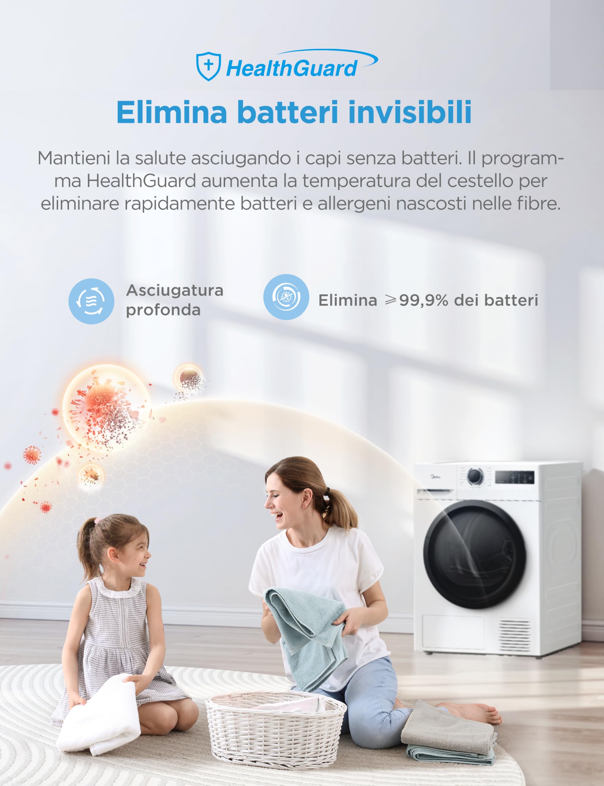 Midea Asciugatrice 8 Kg a Pompa di Calore, Libera Installazione, Classe A++, Asciugatura Veloce,Wool Refresh,15 Programmi,60 x 60 x 85 cm, Bianca - MD11EH80D