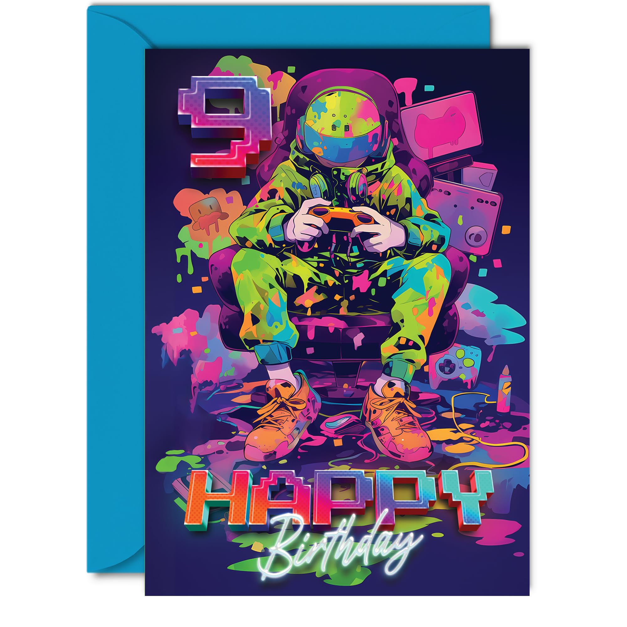 9th Birthday Cards for Girls Boys - Video Gamer Game - Happy 9 Birthday Card for Son Daughter Nephew Niece Grandson, 5x7 Inch Nine Ninth Bday Greeting Cards