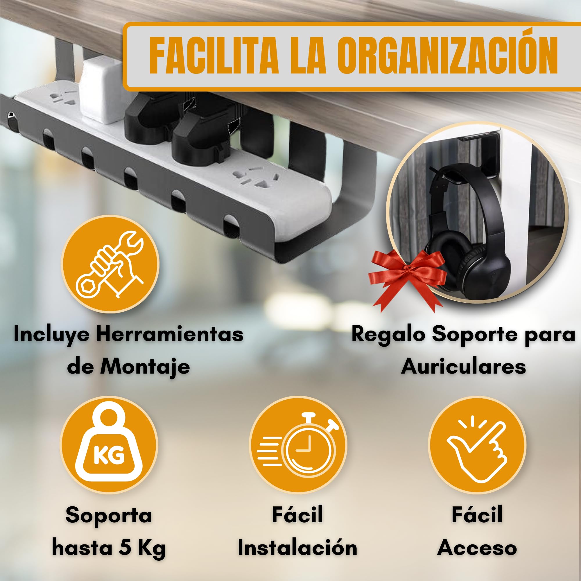 Bandeja Organizador Cables Escritorio, x2 organizadores de Cables, sin o con taladros, Incluye Soporte Auricular, Esconder Cables en tu Oficina/Casa, Bandeja Cables Escritorio.