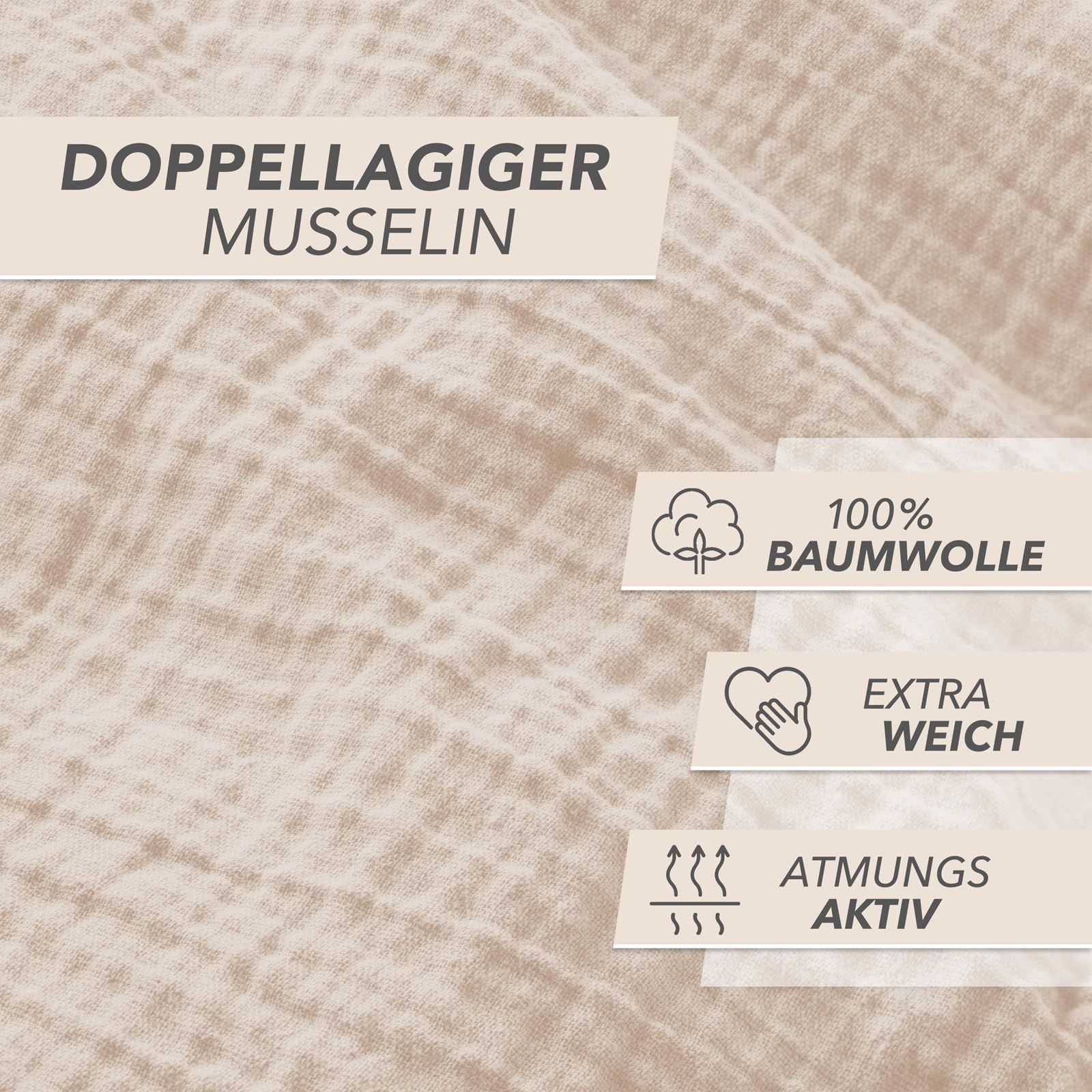 Pure Label Musselin Bettwäsche 135x200 4 teilig bestehend aus Bettbezug 135 x 200 cm 2er Set + Kissenbezug 80x80 cm 2er Set aus Baumwolle - Traumhaft kuschelige Bettwäsche-Sets in beige