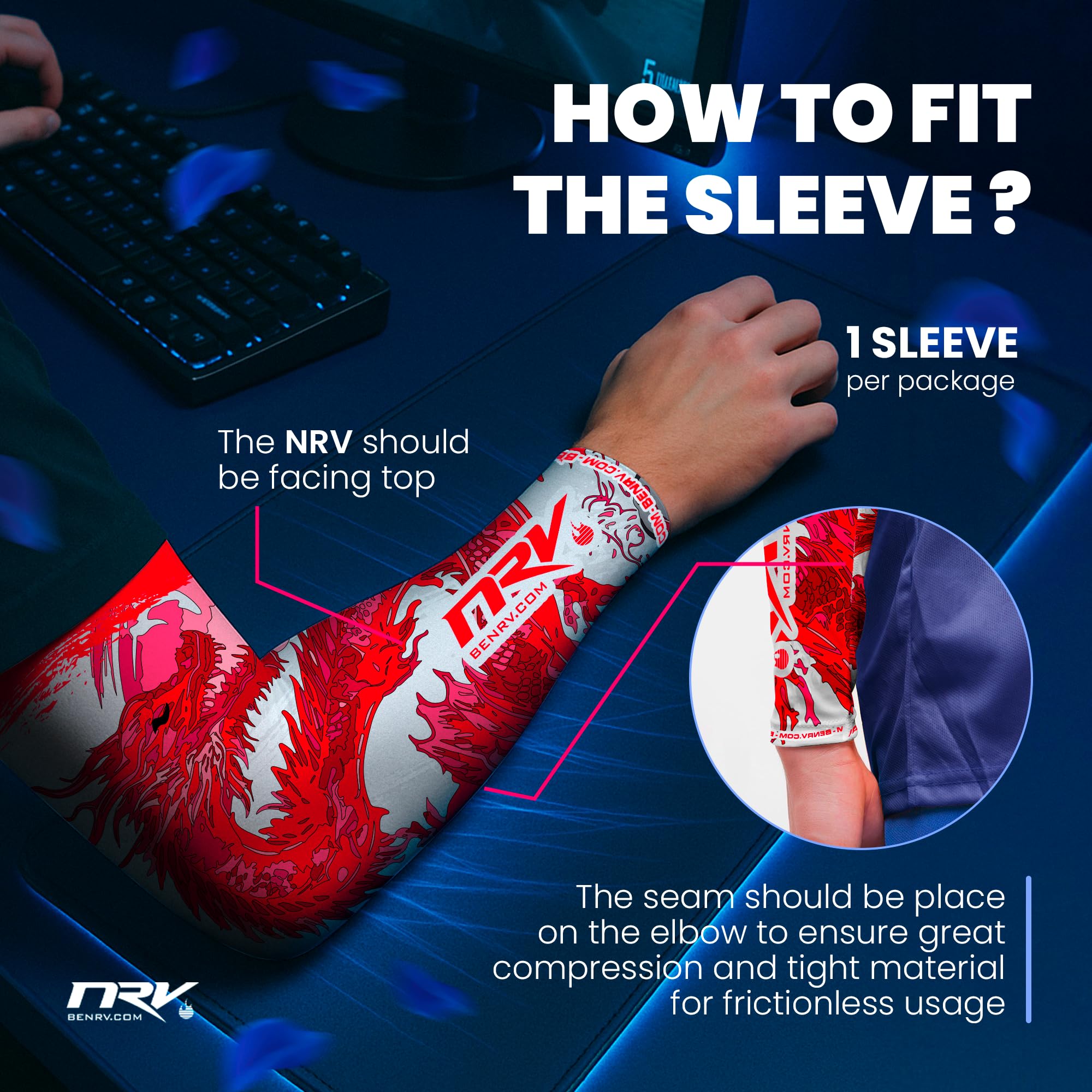 NRV Polsino di compressione Gaming - Edizione Dragon - Ottimizza il tuo gioco con comfort e stile - Progettato da giocatori professionisti - Durevole, traspirante e senza attrito