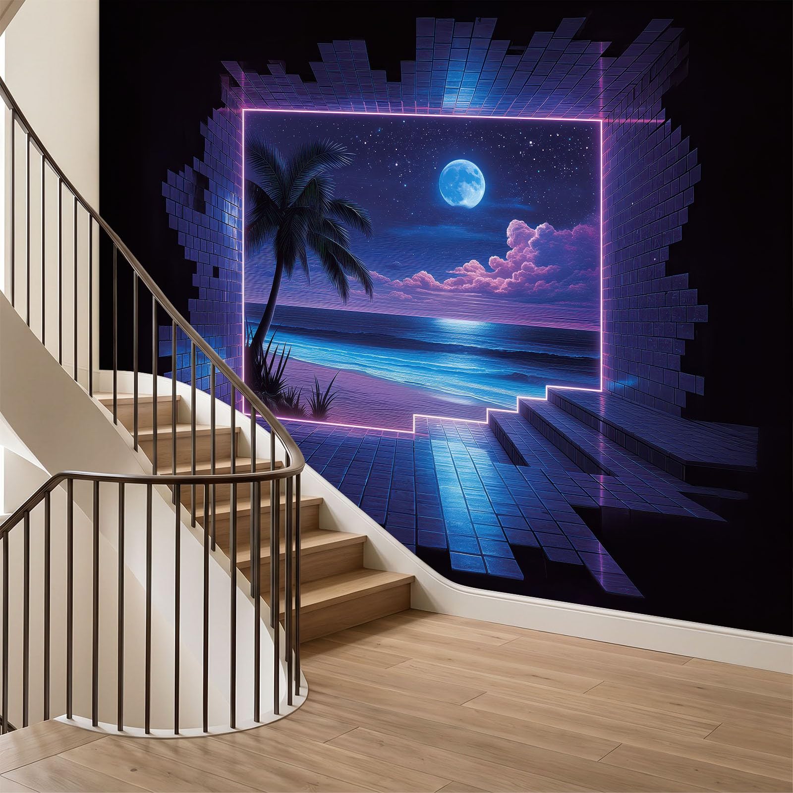 Panoramiczna tapeta 3D 250 x 175 cm retro futuristisch Tropisch Pflanzen Palmen tapeta z włókniny, plakat ścienny do salonu, dekoracji pokoju dziecięcego, łatwy montaż, niebiesko-fioletowy