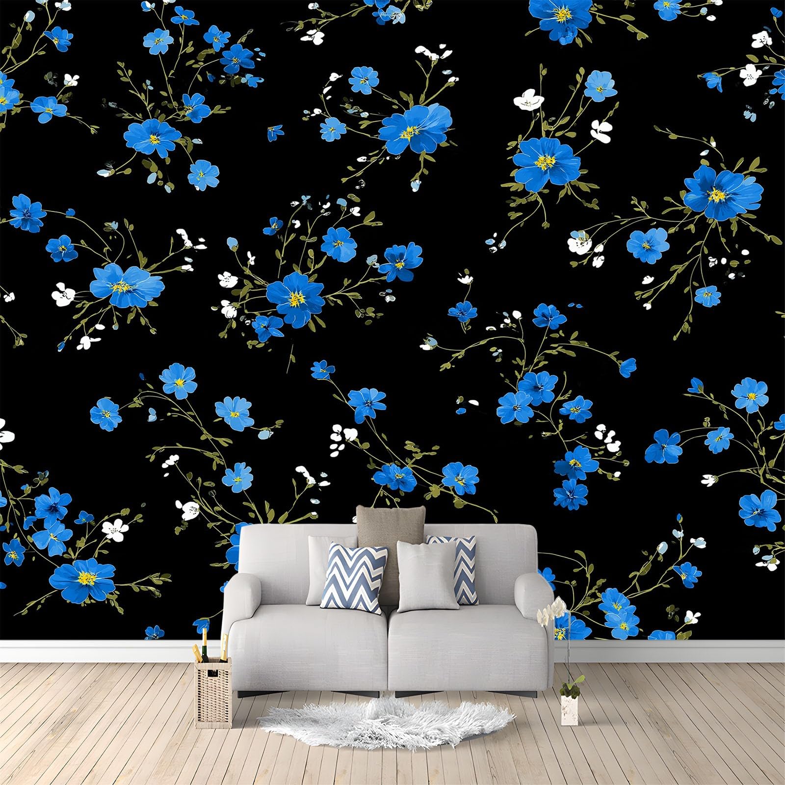 Papier peint panoramique noir art moderne tapisserie de luxe fleurs