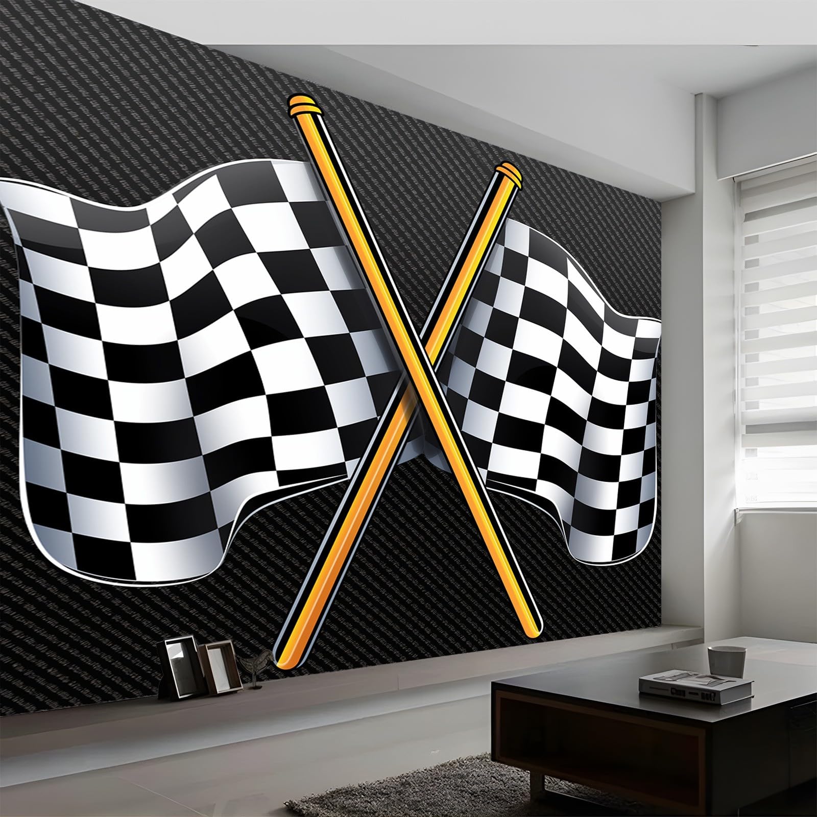 Wall Mural Geometric Racing Checkered Flag Photo Wallpaper Mural Black, 200 x 140 cm (W x H) Photo Mural Decor for Living Room, Bedroom, Office and Kids Room, Easy to Install