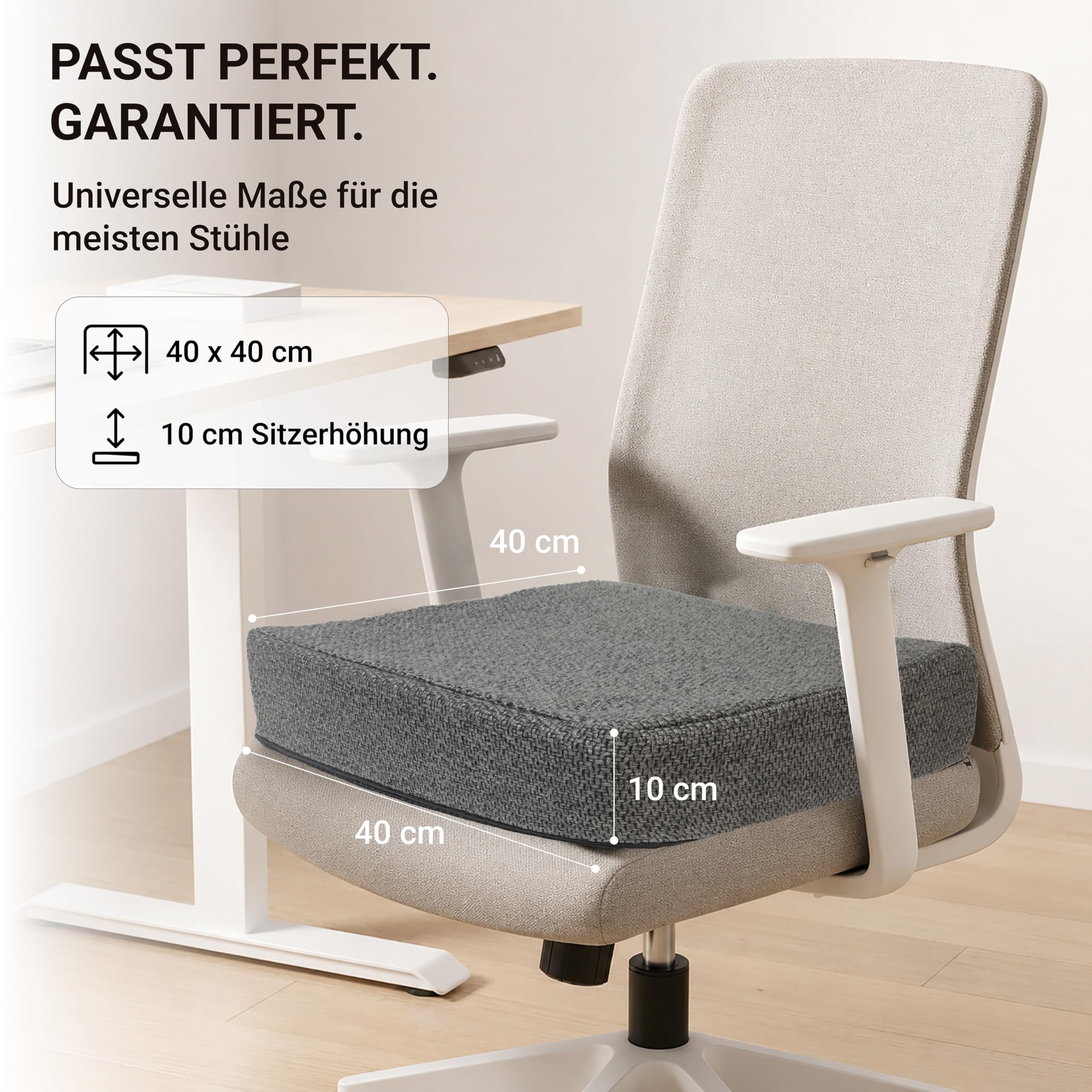 Sitzkissen Orthopädisch mit Memory Foam - Ergonomisches Sitzkissen Stuhl als Sitzerhöhung (10 cm Kissenhöhe) - Für Bürostuhl, Auto & Rollstuhl - Rutschfest & Waschbar - Stuhlkissen 40x40 Anthrazit