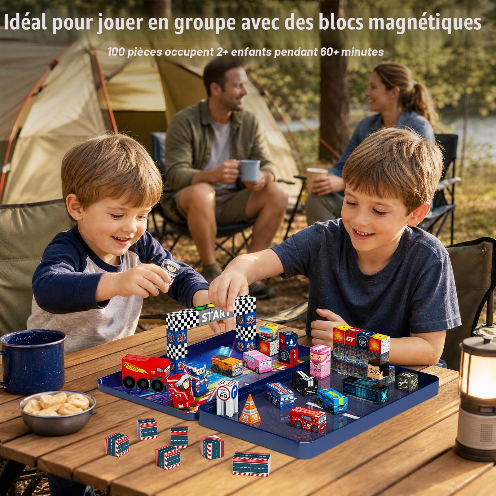 Lot de 100 blocs de construction magnétiques de piste de course dans une mallette en tôle - Blocs imprimés sur plusieurs côtés avec aimants N32 extra puissants - Grande plaque de construction