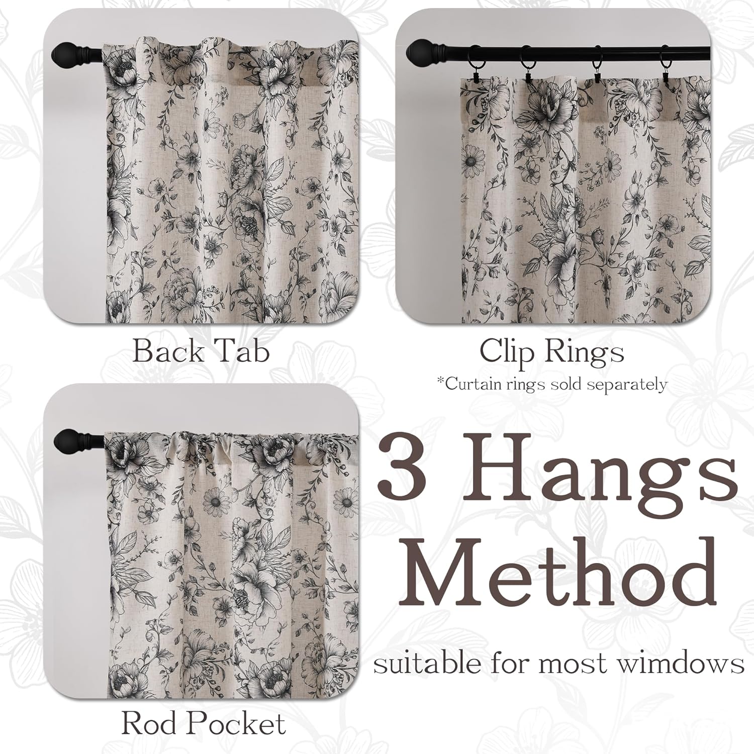 XWZO Floral Curtains for Living Room Linen Farmhouse Curtains 84 Inch Length Black Floral Patterned Curtain Peony Flower Printed Back Tab Curtain Bedroom Window Drapes 2 Panels