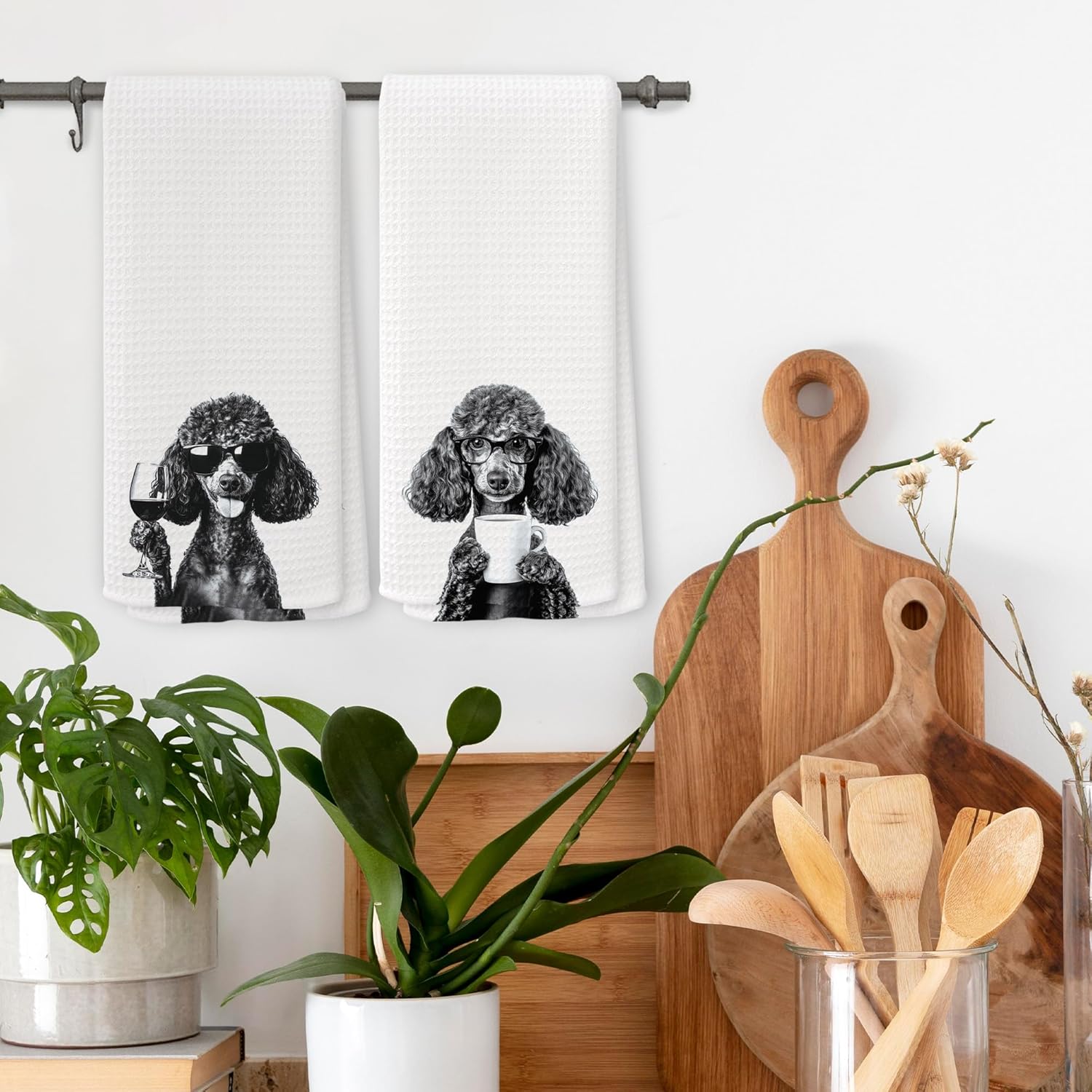 Funny Black Poodle Kitchen Towels Set of 2, Wine and Coffee Lover Gifts, Bar Accessories Dog Dish Tea Towels for Kitchen, Housewarming Gift Cute Animal Decorative Hand Towel 16x24 Inch - Image 2