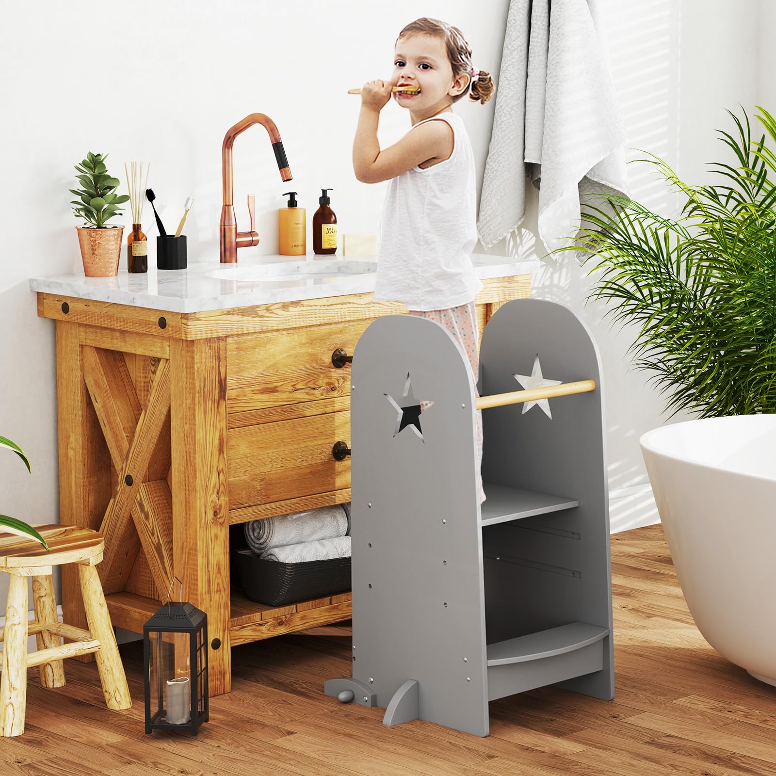 COSTWAY 3 in 1 Lernturm Kinder, Tritthocker mit 3 verstellbaren Höhen & doppelseitiger Tafel, Trittschemel Montessori, Küchenhelfer Lernstuhl für Kinder, 90 kg Belastbar, Grau