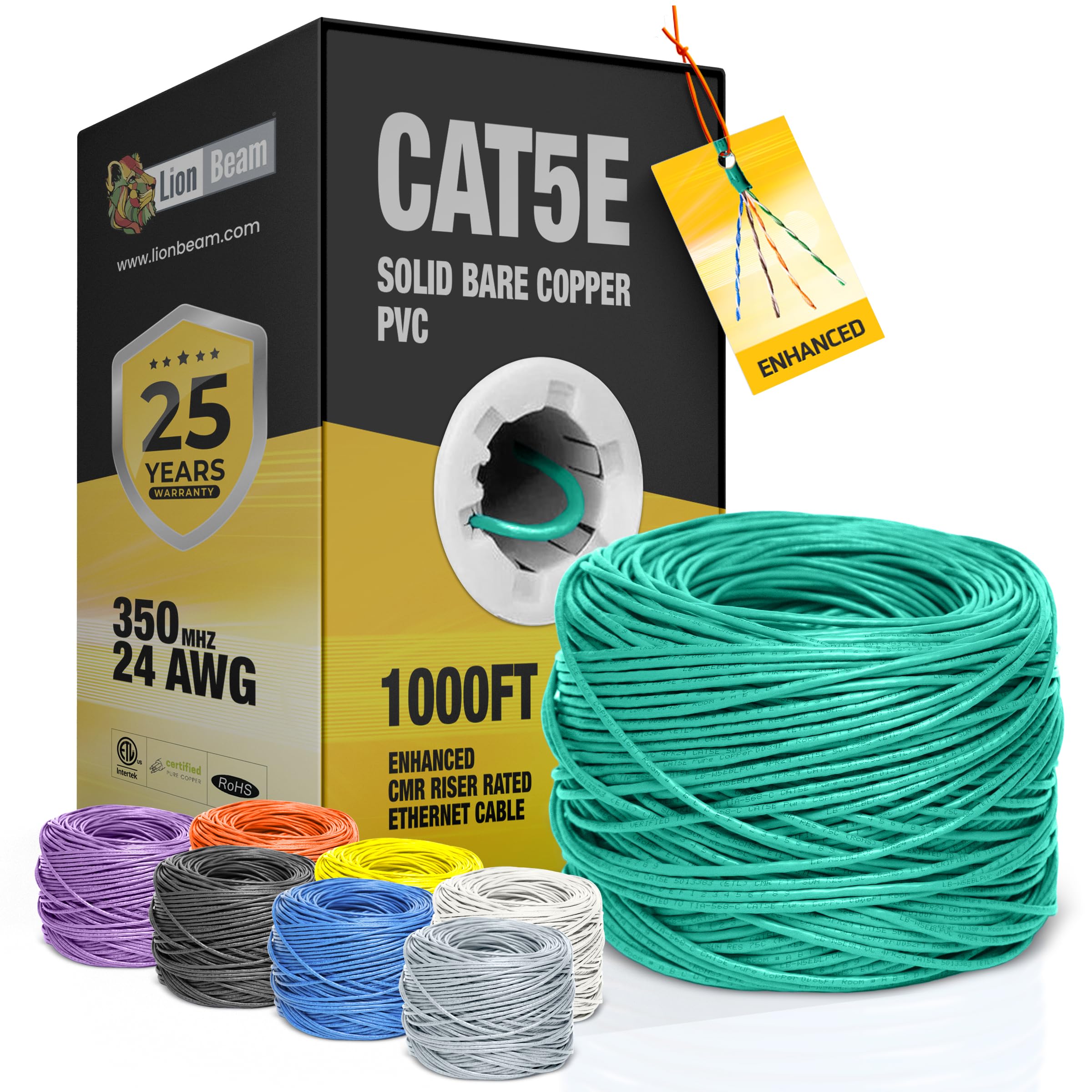 LION BEAM™ Cat5e Ethernet Cable 1000FT Pull-Box, 23AWG, CMR Insulated Solid Bare Copper Internet Cable 350 MHz, Provides High-Speed 1-5Gbps, UTP Bulk