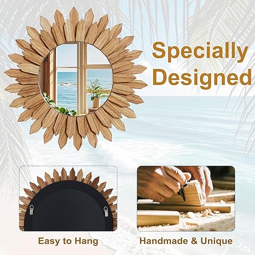 Miniatura 4 de Espejo de pared bohemio marrón de 20 pulgadas, decoración de pared redonda de madera, espejo circular rústico hecho a mano para sala de estar,