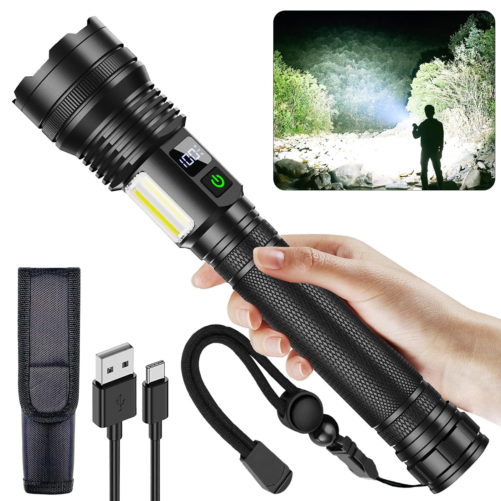 High Lumens Rechargeable LED Flashlights,Extremely Bright Tactical Flashlight,10,000 Lumens with COB Work Light,10 Modes & IP67 Waterproof & Zoomable