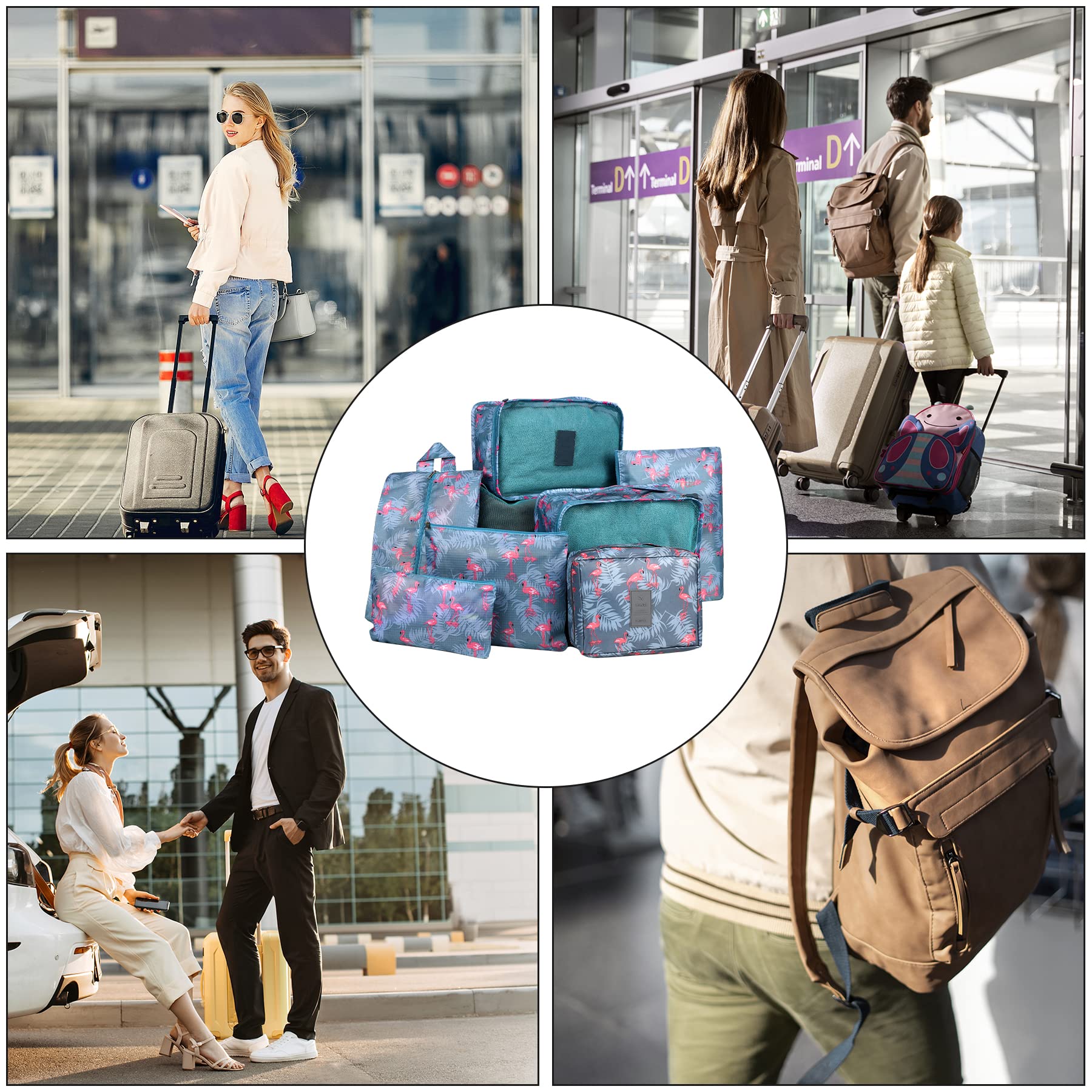 Coolzon Organizer Valigie Viaggio Set 8 Pezzi set, Cubi di Imballaggio Organizer Valigia Perfect Storage Travel Luggage Organizer per i vestiti,Cosmetici,Scarpe,Intimo,Fenicottero Blu
