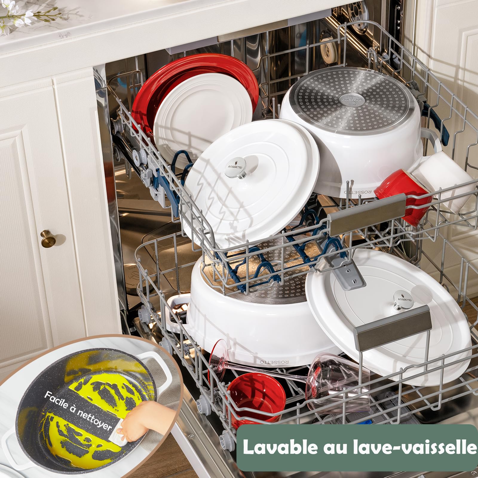 ROSSETTO 10,6L Cocotte ovale en fonte d’aluminium, revêtement antiadhérent en céramique. Couvercle avec picots saveurs. Compatible tous feux dont induction et au four jusqu’à 220° (38cm, Blanc)