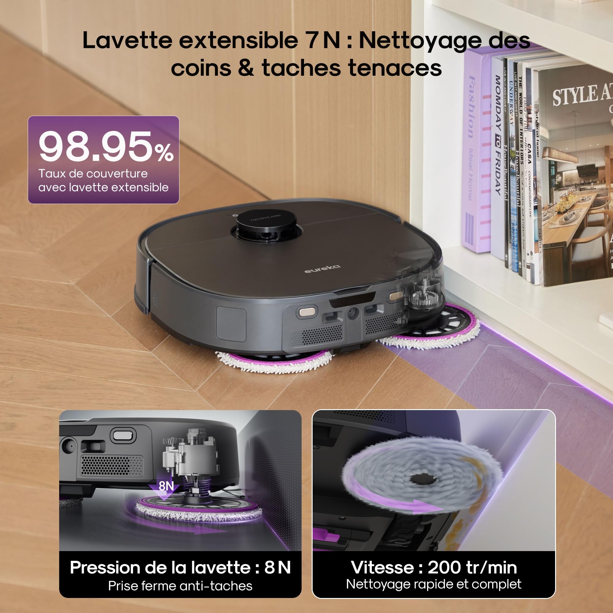 Eureka Robot Aspirateur Laveur, Station Tout-en-Un autonettoyante, Aspiration 22000 Pa, serpillière Extensible Anti-emmêlement, brosses Principale et latérale DragonClaw, Noir, J15 Evo Ultra