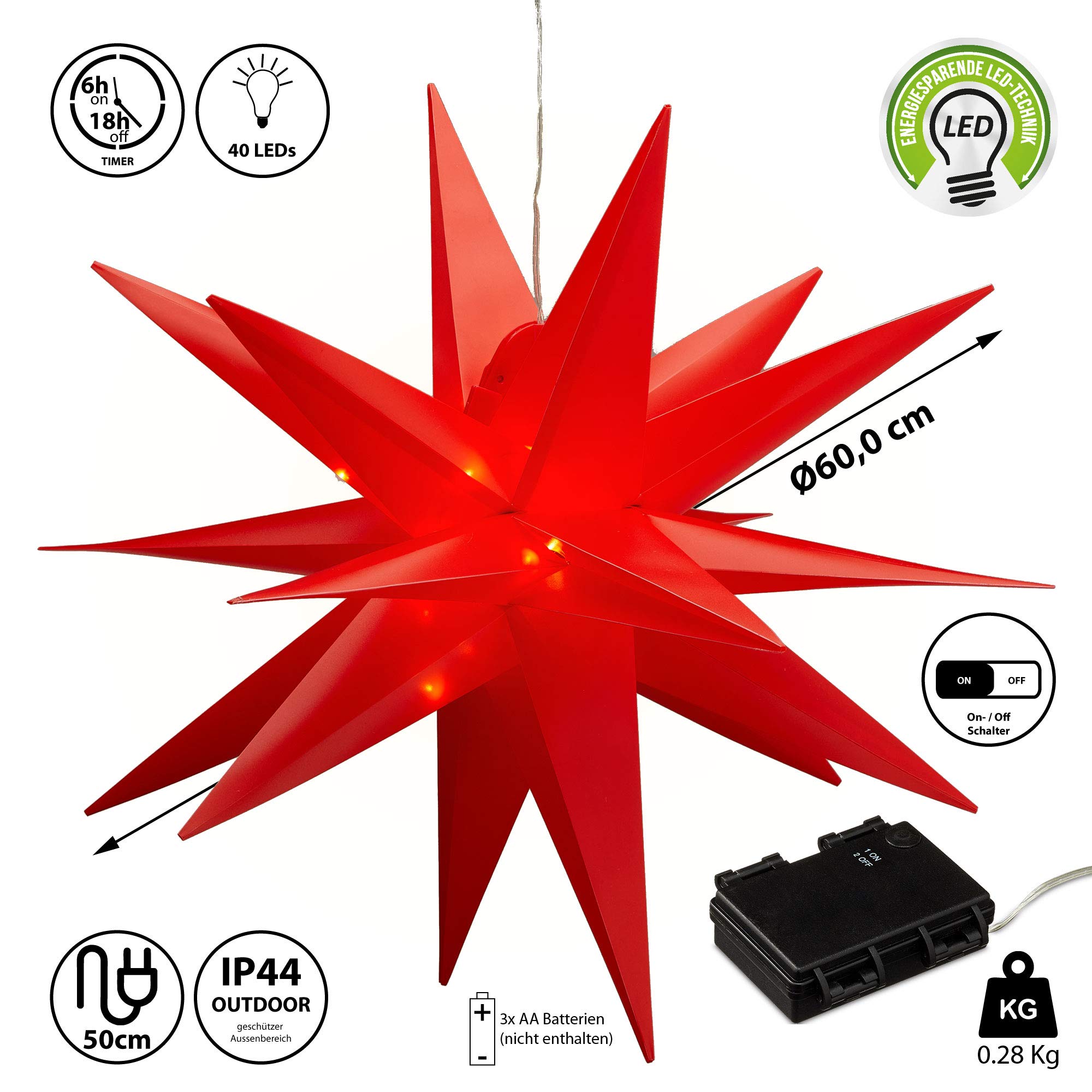 Świecąca gwiazda 3D czerwona z PCW LED gwiazda bożonarodzeniowa XL do zawieszenia podświetlana wraz z 40 diodami LED Ø 60 cm do użytku na zewnątrz IP44 (1 x XL gwiazda świecąca 3D czerwona)