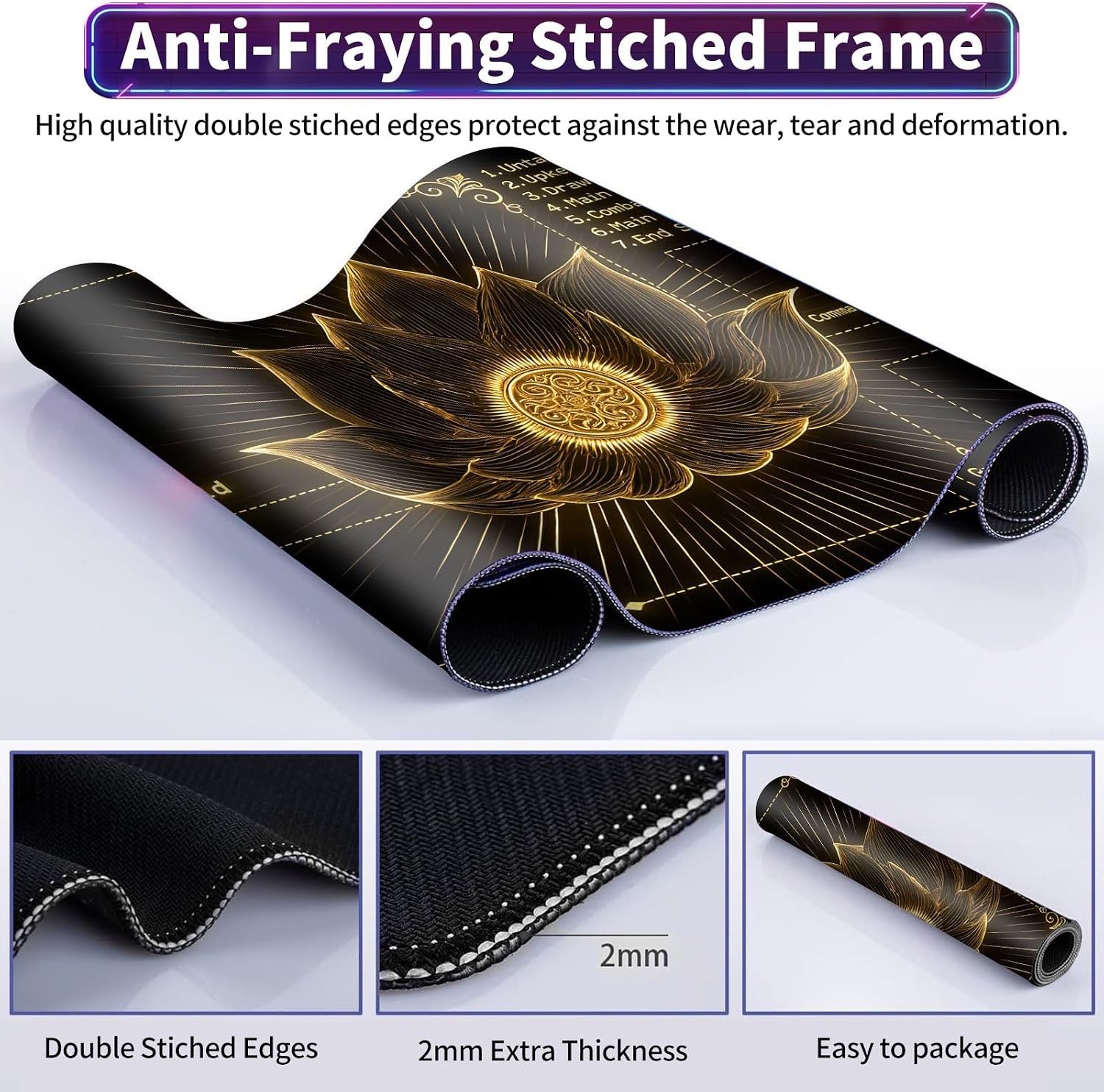 MTG Playmat with Zones, TCG Playmat Card Game Mat for Magic The Gathering, 24x14 inch Stitched Edge Non-Slip Base with Storage Bags, Golden Lotus