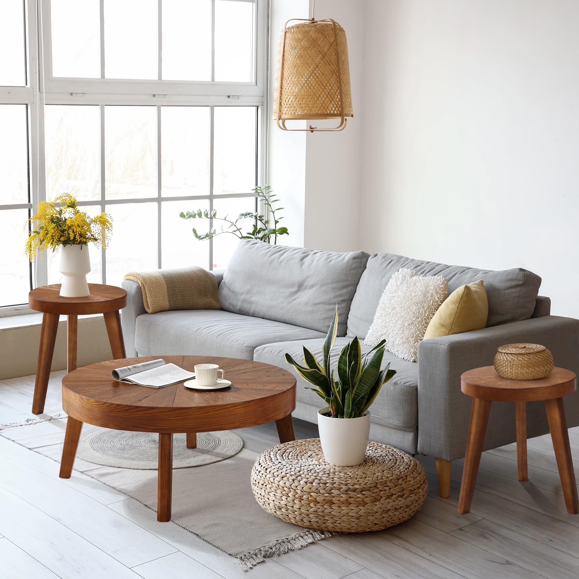 Farmhouse Round Coffee Table Set of 3, Boho Sofa Side Nesting Tables End Table Set with Wood Natural Finish for Living Room, Bedroom, Home Office,Brown