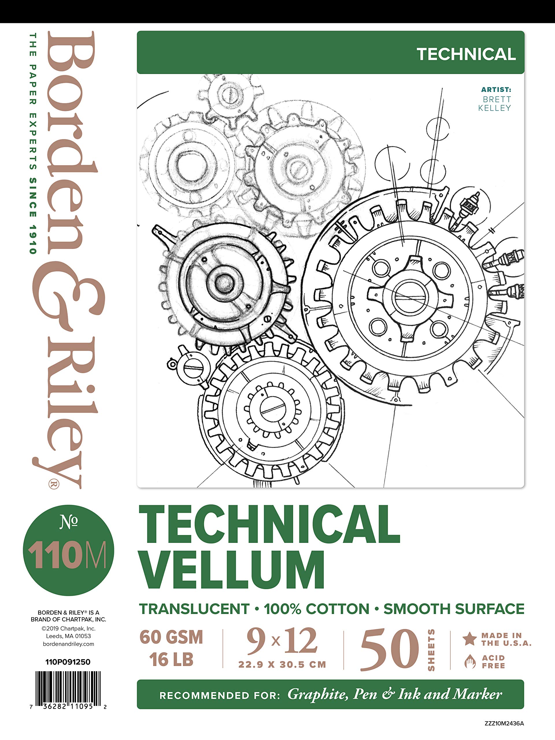 Borden & Riley #110M Technical Vellum Pad, 50 Sheets, 9" x 12"