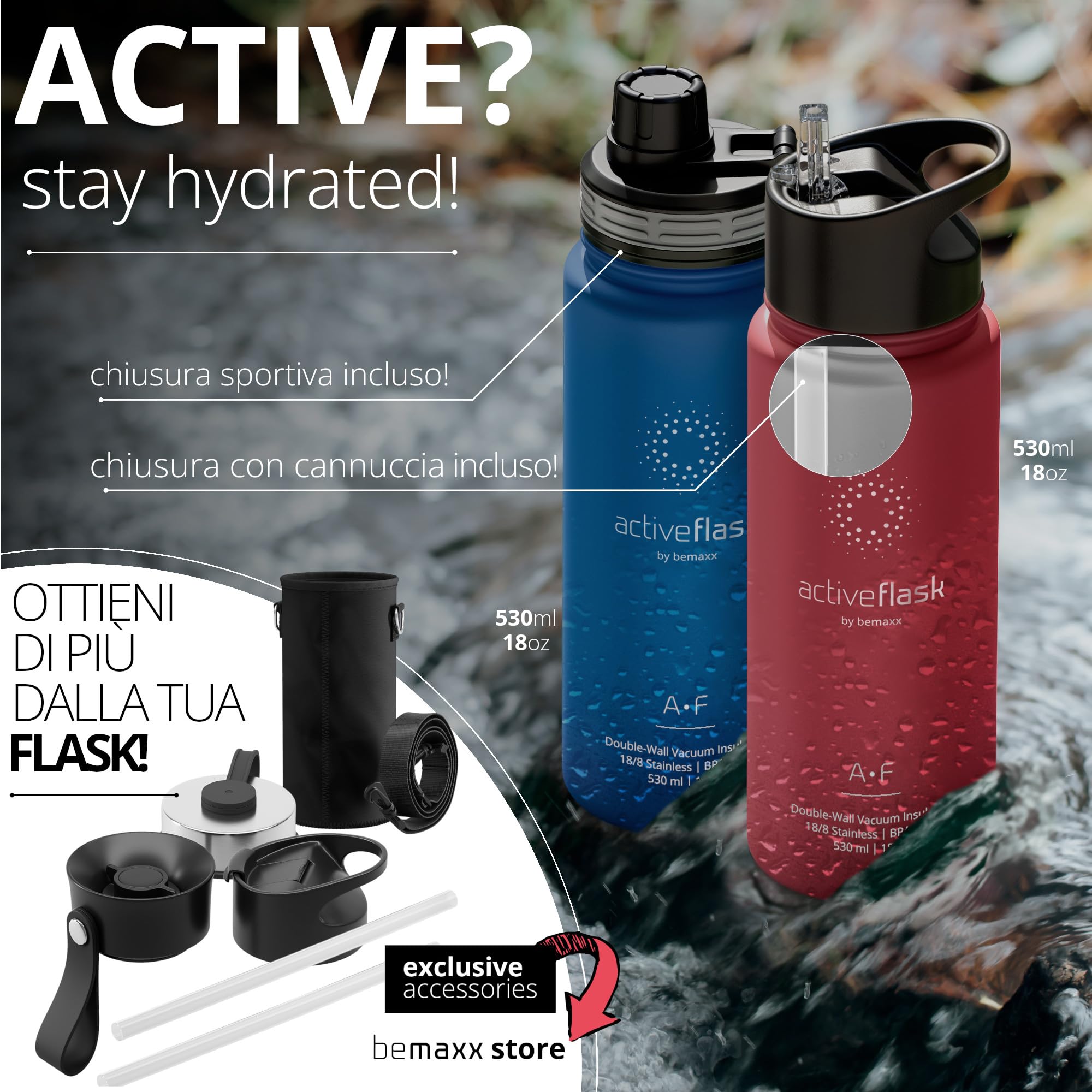 Bottiglia Acqua Termica INOX ACTIVE FLASK + Cannuccia (3 Tappi), Senza BPA, 1l/500ml | Borraccia Isotermica Acciaio - Caldo/Freddo, Ufficio Outdoor Sport Bicicletta viaggio fitness, Caffe Te