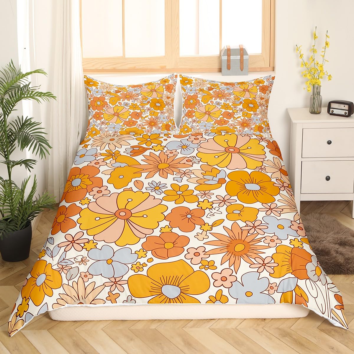 Erosebridal Hippie Flower Comforter Cover Groovy Birthday Decorations Bed Sets Cute Rainbow Floral Duvet Cover King for Girls Women Bedroom Decor Retro 70s Theme Bedding Set 2 Pillowcase
