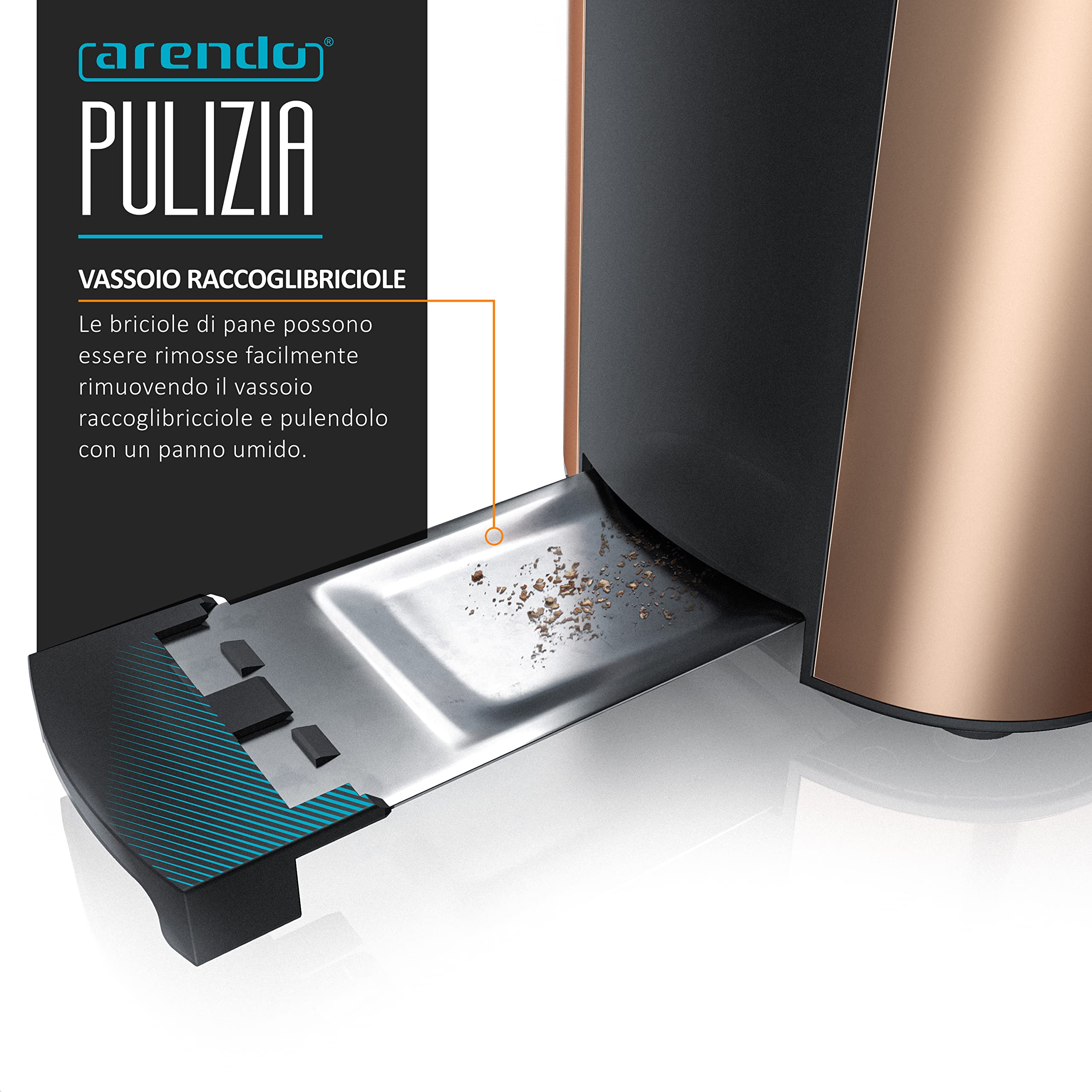 arendo - Tostapane a 2 Fessure XXL - Funzione Scongelamento – Doppia Parete termoisolante - con Accessorio scalda Cornetto - 1500W - Vassoio raccogli briciole - Display con Tempo rimanente - Rame