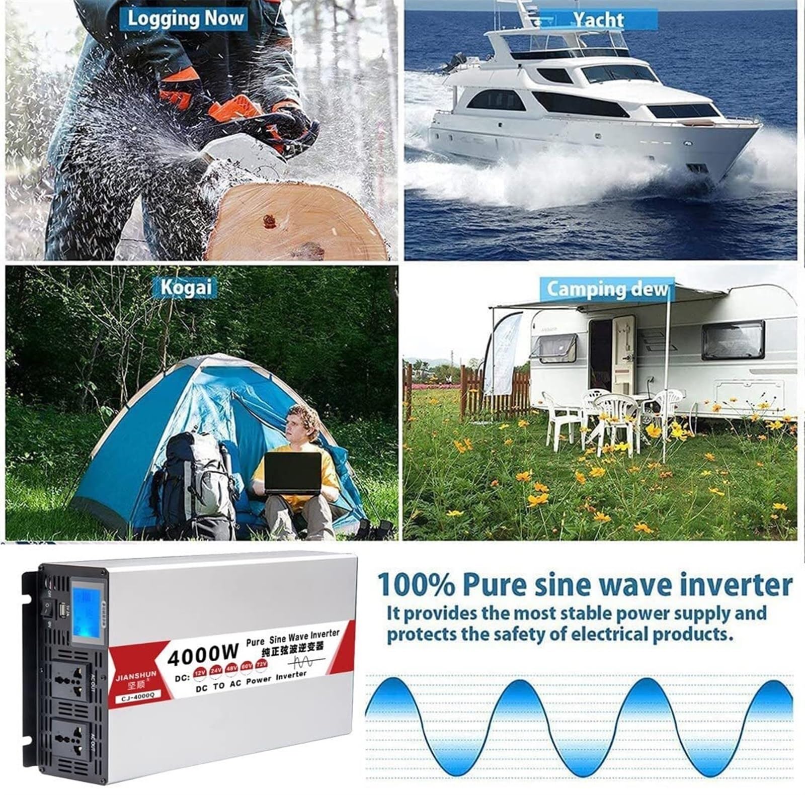 Przetwornica czystej fali sinusoidalnej o dużej mocy DC 12 V-72 V na AC 110 V/220 V z wyświetlaczem LCD do użytku w kamperach, na kempingu i na energię słoneczną(5000W 12Vto110V)