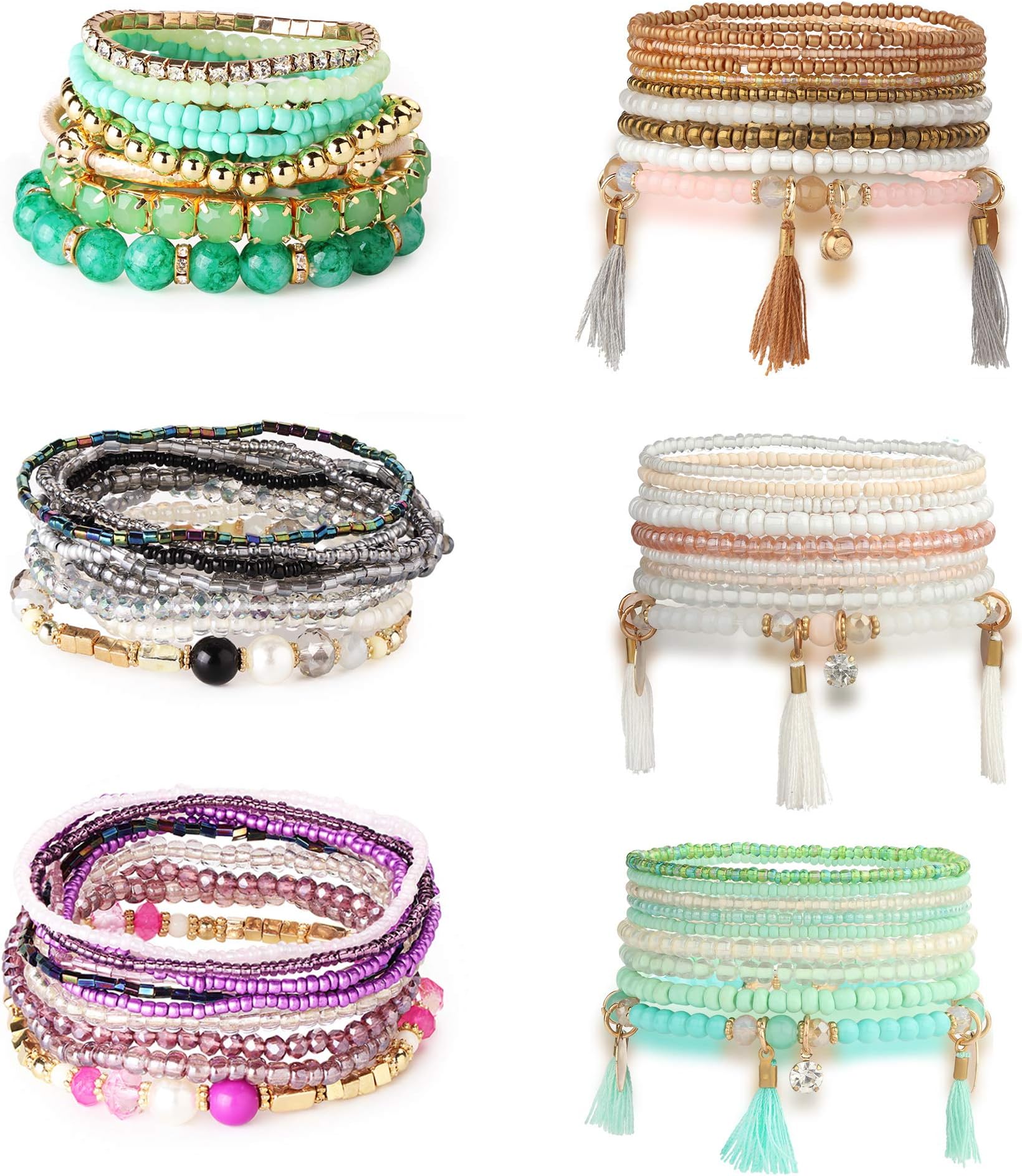 Hanpabum 6 Sets Bohemian Beaded Bracelets for Women Girls Multicolor Stretch Multilayered Stackable Bracelet Set