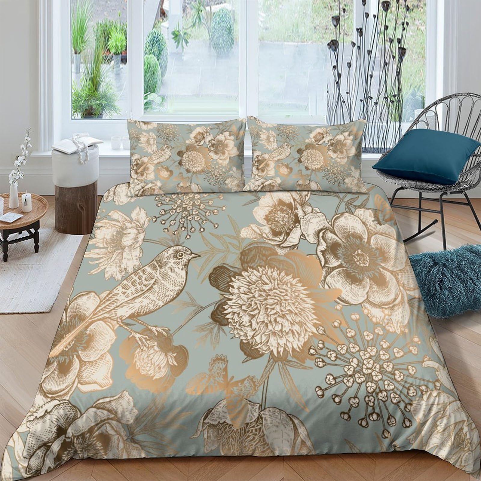 TUFRTGYHN 3D Printed Vintage Floral Duvet Cover Set Microfiber Soft Botanical Bedding Set with 2 Pillowcases, Breathable All Seasons for Bedroom Home Décor Single（135x200cm）