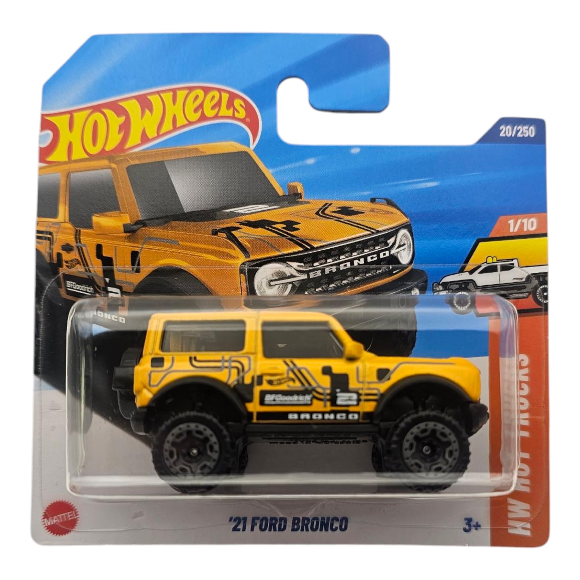 Hot Wheels '21 Ford Bronco, Yellow Die-Cast Model Car, 1/10 HW Hot Trucks Collection, 20/250, 1:64 Scale