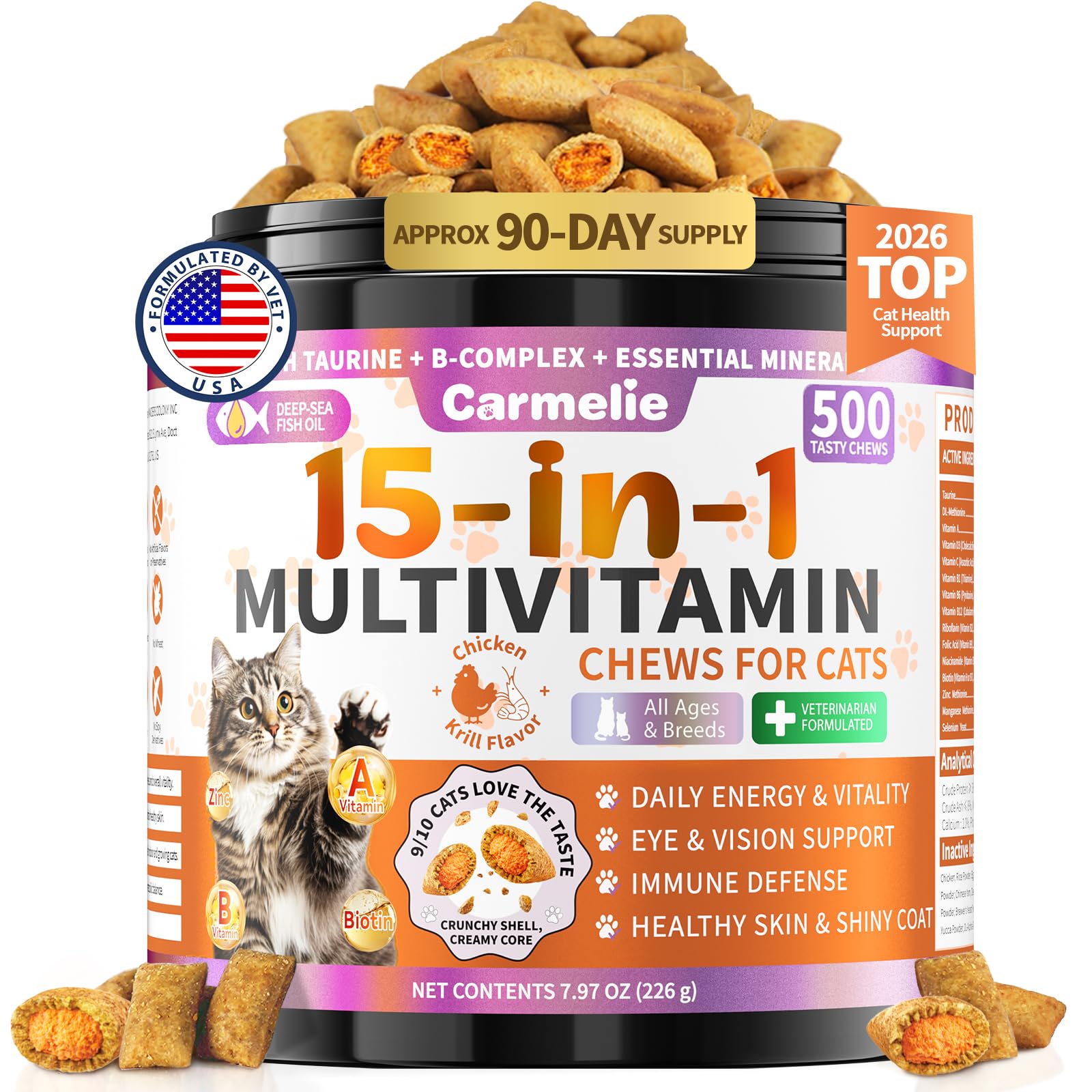 Taurine for Cats Treats, 15 in 1 Vitamins for Cats 500 Crunchy & Creamy Chews with B-Complex & Omega 3 - Supports Joint, Skin & Coat, Digestion, Immunity & Energy - Chicken Krill Flavor