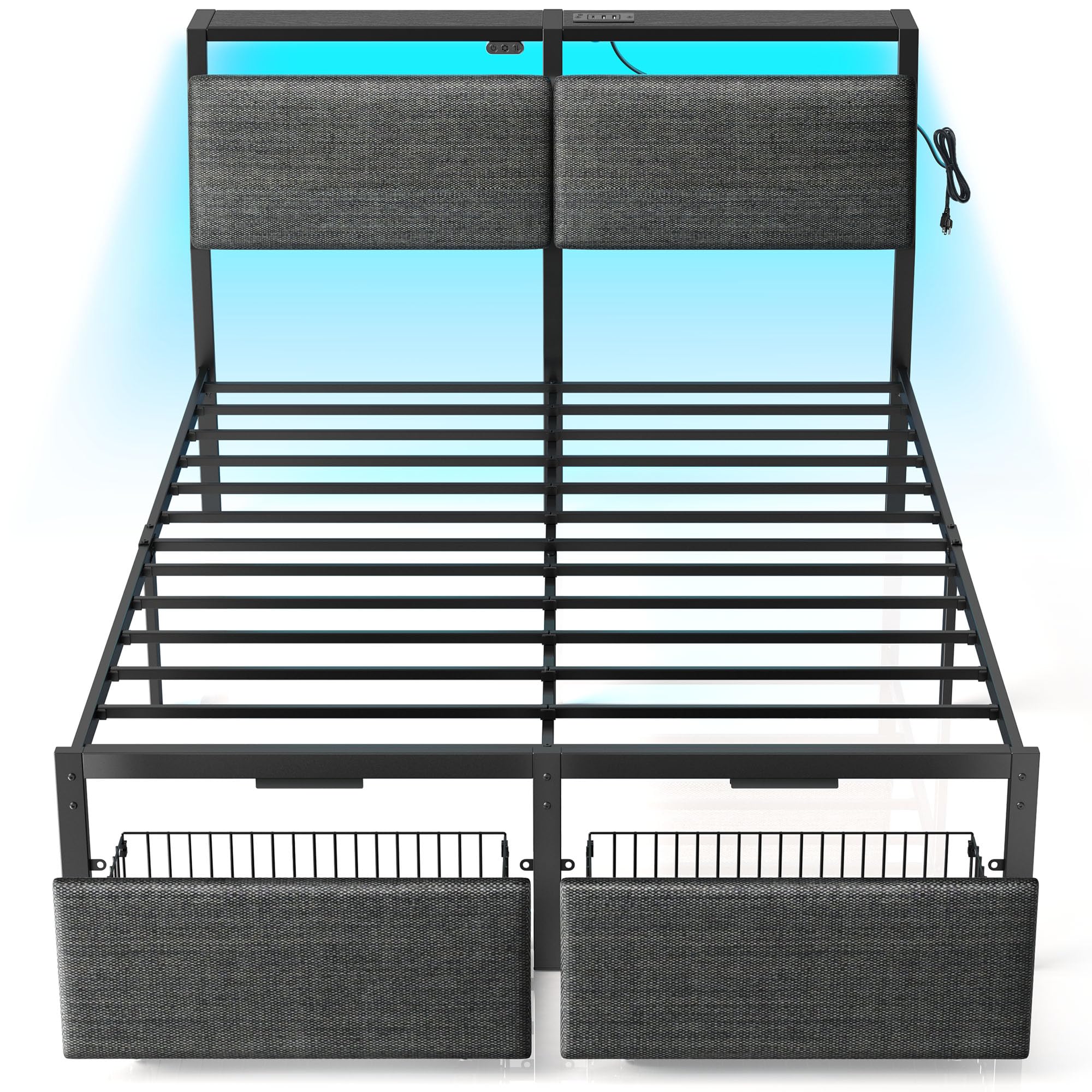 Rolanstar Full Size Bed Frame with Ergonomic Headboard Storage & Charging Station, Upholstered Platform Bed with LED Light & Drawer, Heavy Duty Metal Slats, Noise Free, No Box Spring Needed, Grey