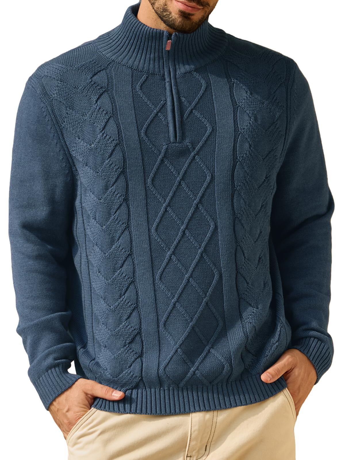 Pull homme à zip quart anti-froid col montant coton doux pour peau sensible - 7