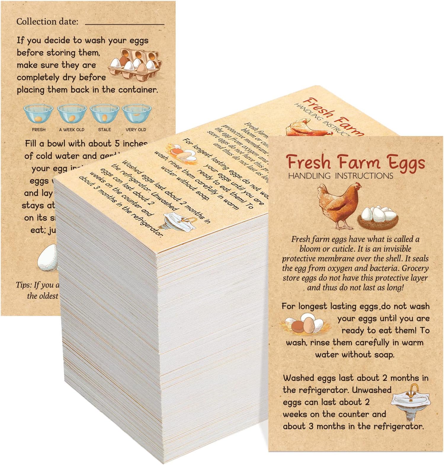 Kisston 200 Pcs Egg Handling Instruction Cards Bulk Fresh Farm Egg Care Labels 2 x 3.5'' Resuable Eggs Carton Stamp Thick Paper Design for Basket Farmstand Market Business Supplies (Simple Style)