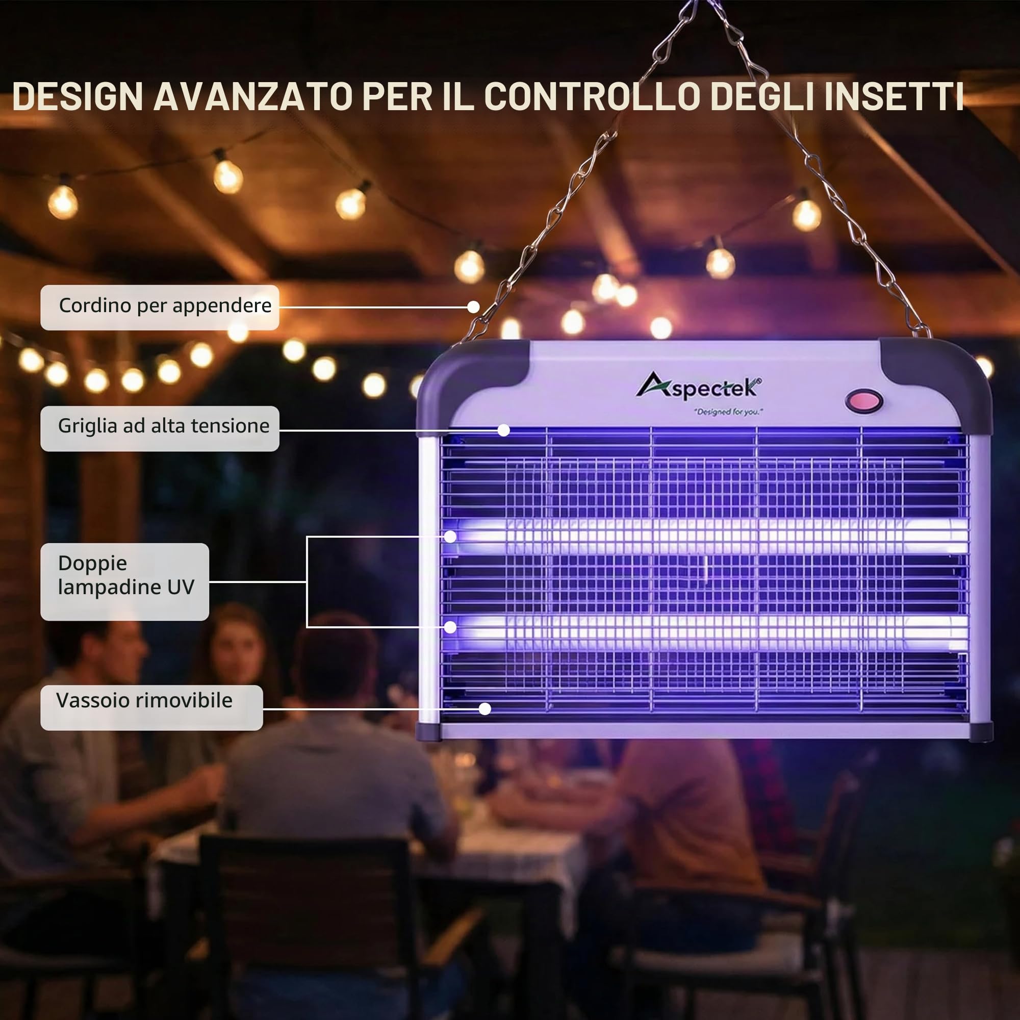 Aspectek Zanzariera Elettrica 20W Senza Lampadine, Lampada UV Anti Zanzare Per Interni Ed Esterni Coperti, Trappola Per Mosche, Tarme, Moscerini, Casa, Garage, Patio, Catena, Vassoio, Griglia