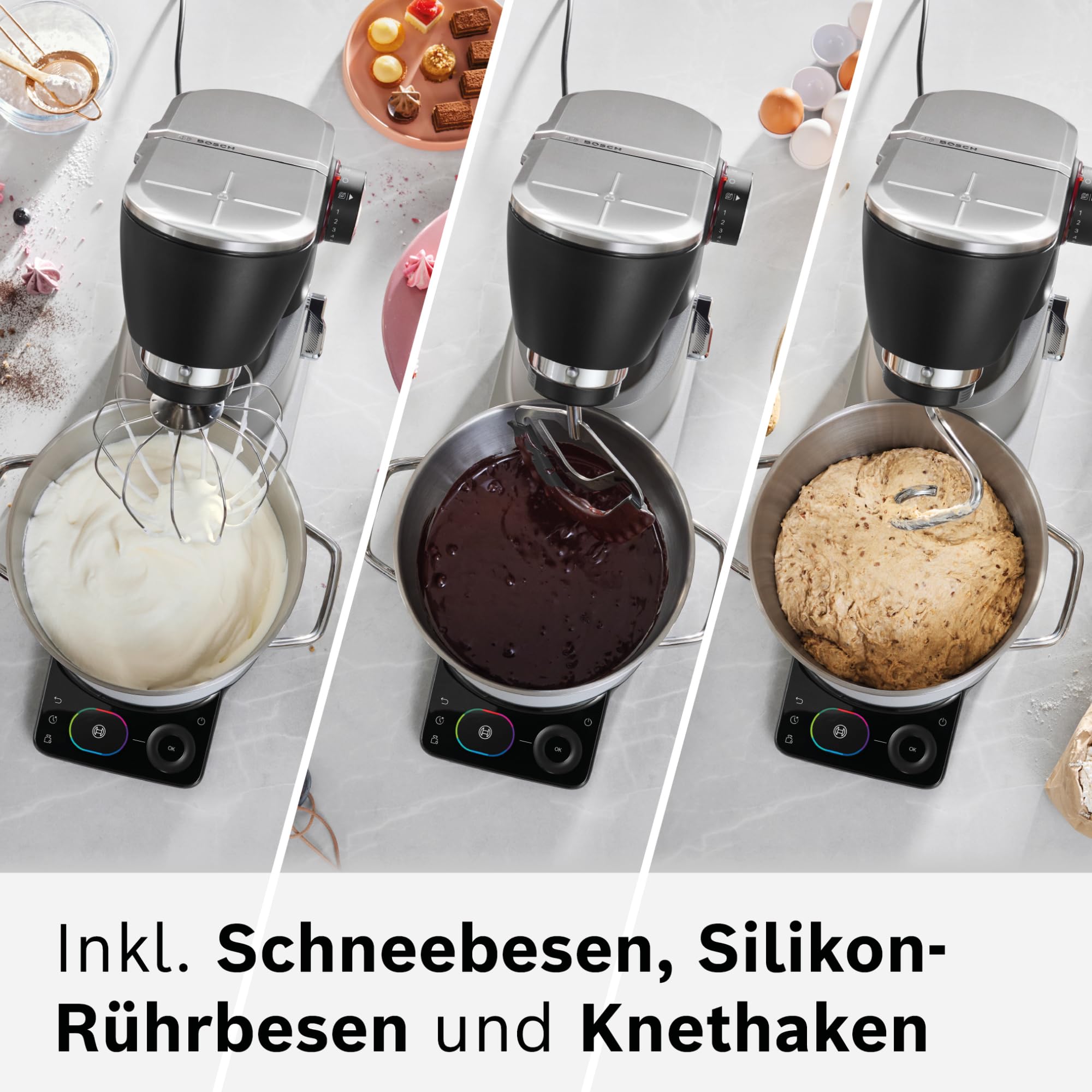 Bosch Küchenmaschine Serie 8, Automatikprogramm, Waage, Timer, 7 Stufen, 6l Edelstahl-Schüssel, Silikonbesen, spülmaschinenfest, 1.800 W, MUMS8ZS18
