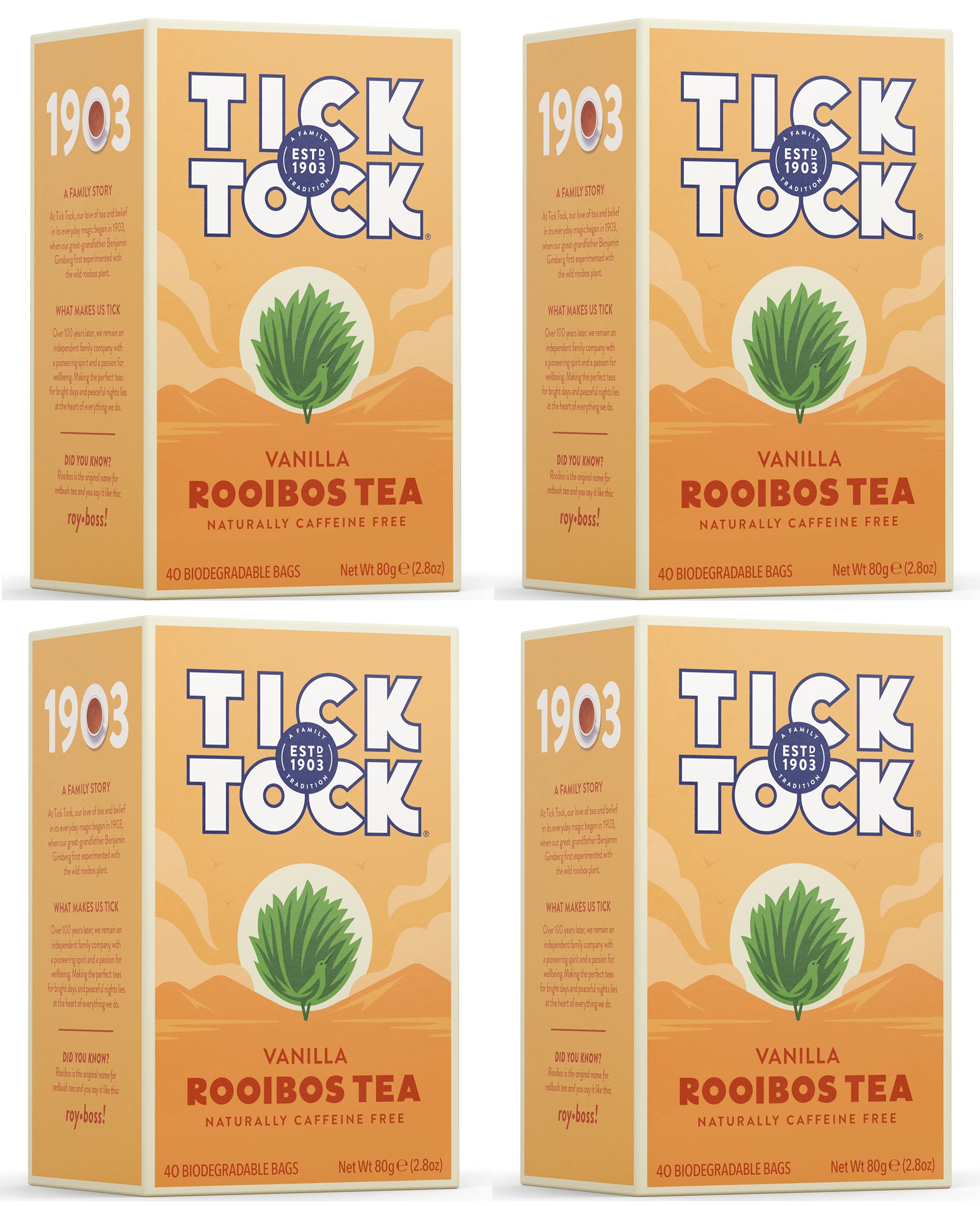 TUKIMA TICK TOCK TEAS swor , 40 BagsBox 2.8 Oz Pack Of 4 Teabags Naturally Caffeine Free Red Bush Herbal Rich in AntiOxidants South African Superfood, Vanilla Rooibos 160 Count - Packaging May Vary
