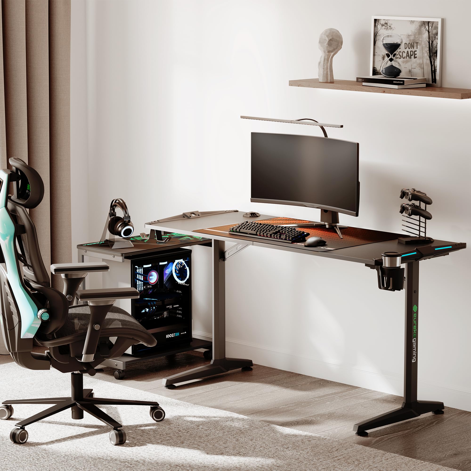 EUREKA ERGONOMIC Bureau Gaming LED Bureau Gamer 140x60 cm Bureau Informatique pour Gaming PC avec Lumière RGB, Gratuit Tapis Souris, Porte Gobelet, Crochet Casque