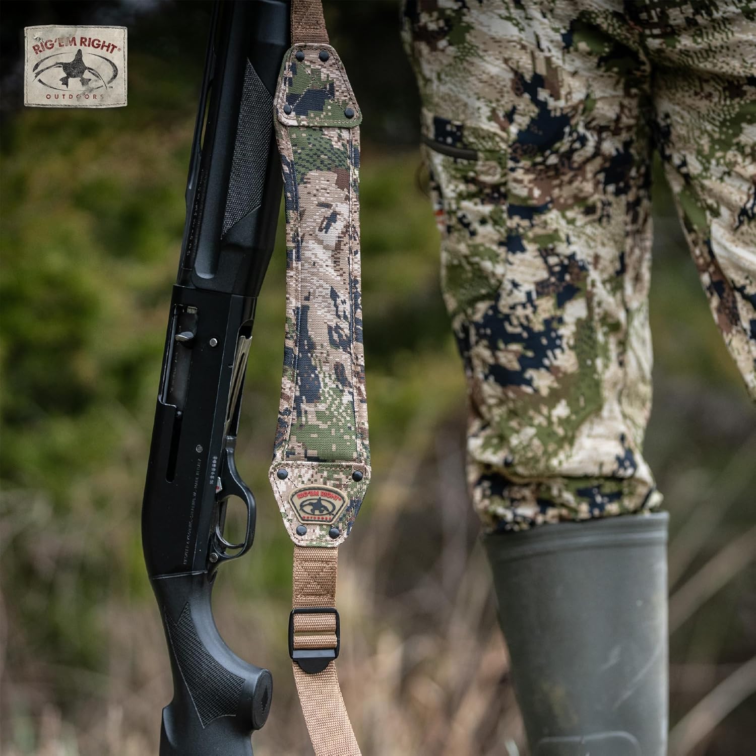 Rig'Em Right Waterfowl High Brass Classic Non-Slip Gun Sling with Brass Rivets and Cinch Buckle - Universal Metal Gun Clips Included