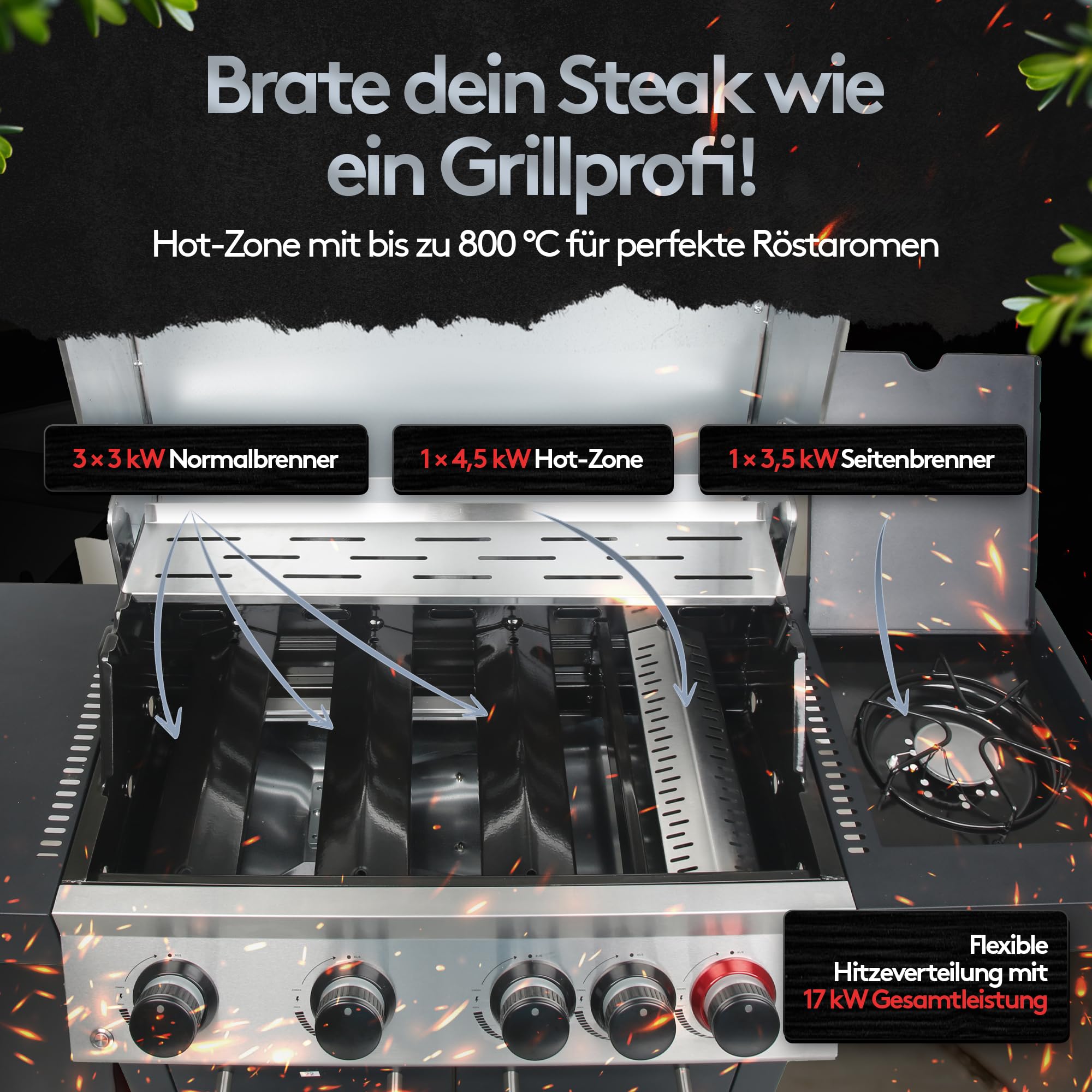 Profi Gasgrill 4 Brenner + Seitenkochfeld – 17kW Gesamtleistung, LED-Knöpfe – Hochwertiger BBQ Grillwagen mit Deckel - Gusseisenrost & Warmhalterost