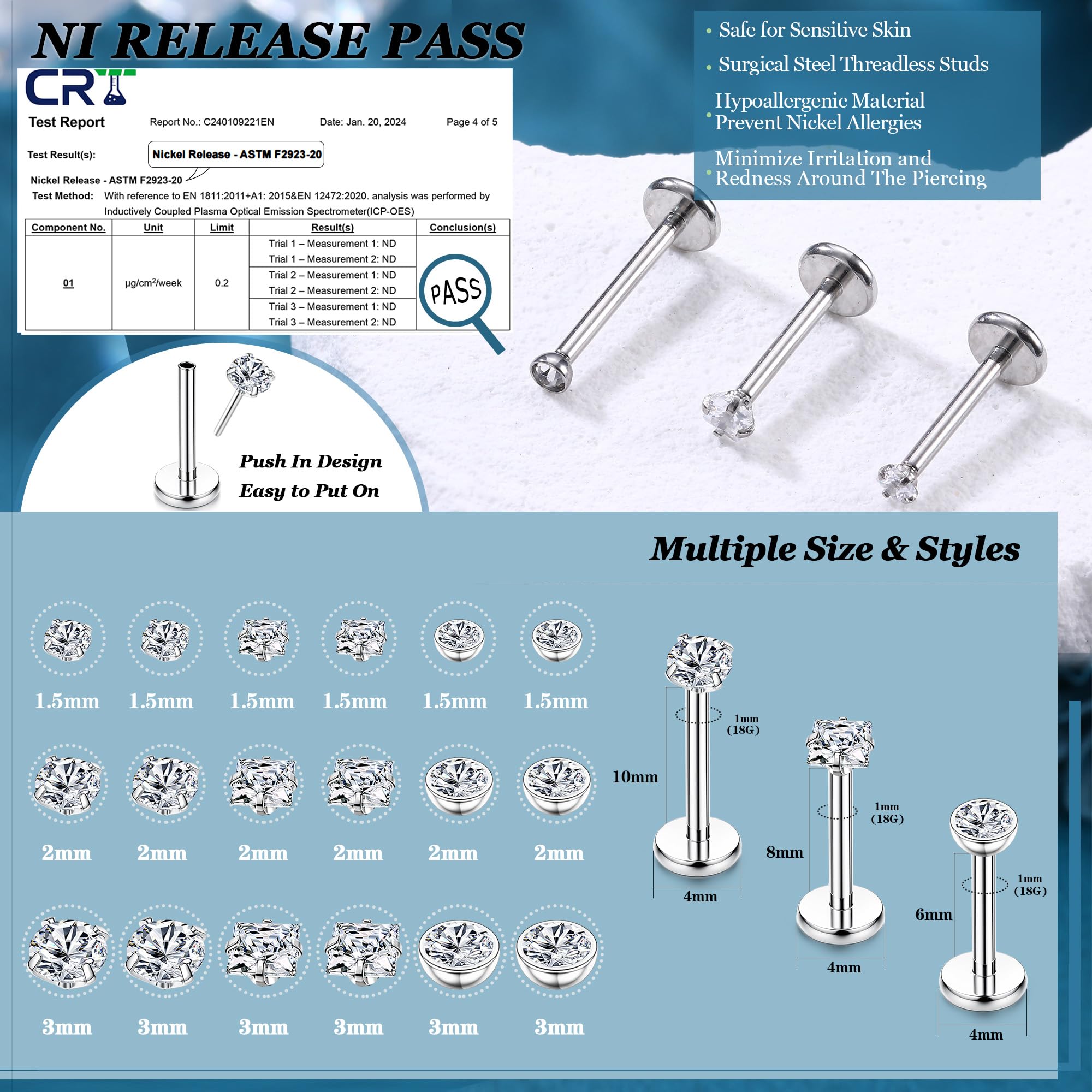 18 sztuk 16G/18G/20G stal chirurgiczna przekłucie tragus biżuteria bezgwintowe Push w nos szpilki Labret Stud Lip Bar kolczyki Tragus Medusa Piercing nozdrza Helix piercing biżuteria