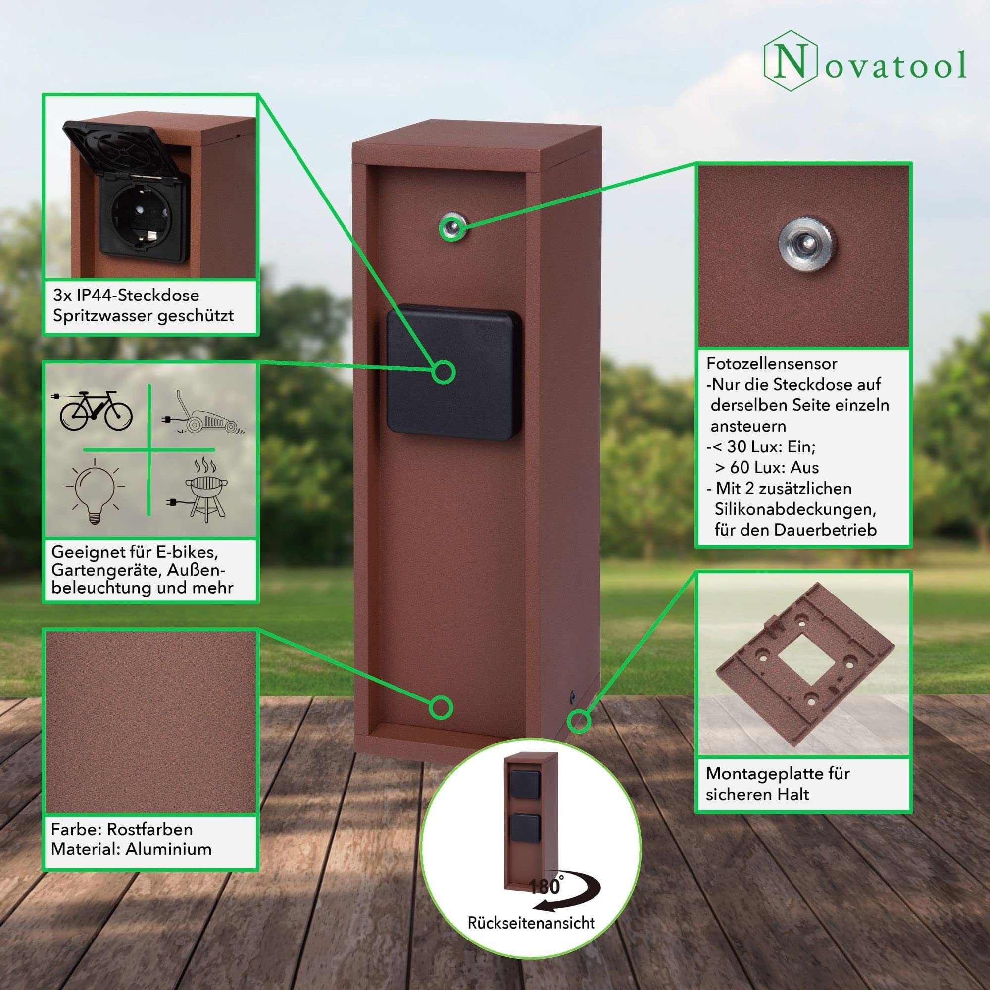 Novatool 4 x kolumna z 3 gniazdami zewnętrznymi, brązowa, stal nierdzewna, prostokątna, IP44, z ostrzem do wbijania w ziemię, gniazdko ogrodowe, do użytku na zewnątrz, do ogrodu, wieża z gniazdkiem