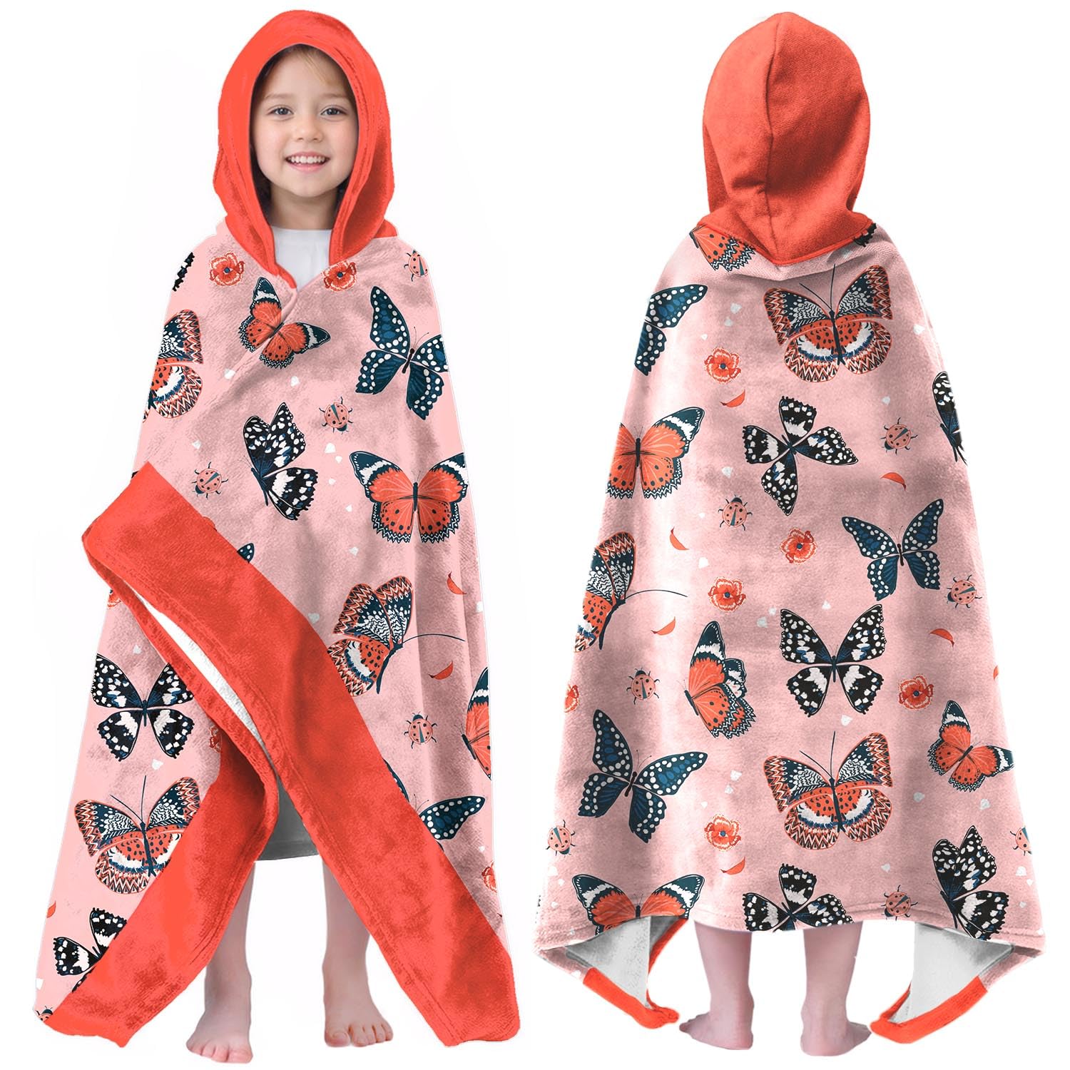 Butterfly Print Girls Beach Towel with Hoodie for Kids Toddlers Age 4-8, Colorful Bath Towels Shower Wrap for Girls, Hooded Poncho Beach Blanket for