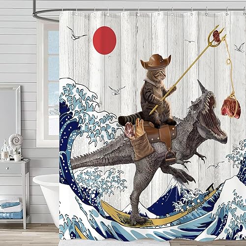 Miniatura 5 de Fowocu Divertida cortina de ducha de dinosaurio con diseño de gato japonés con ondas oceánicas, cortinas de ducha de tela impermeable para baño de