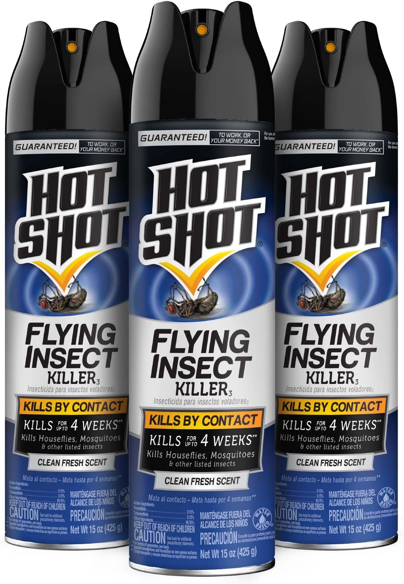 Hot Shot Flying Insect Killer, 15 Ounces, Aerosol Kills Houseflies, Mosquitoes and Flying Insects Indoors and Outdoors, Clean Fresh Scent, 3 Pack, 425grams