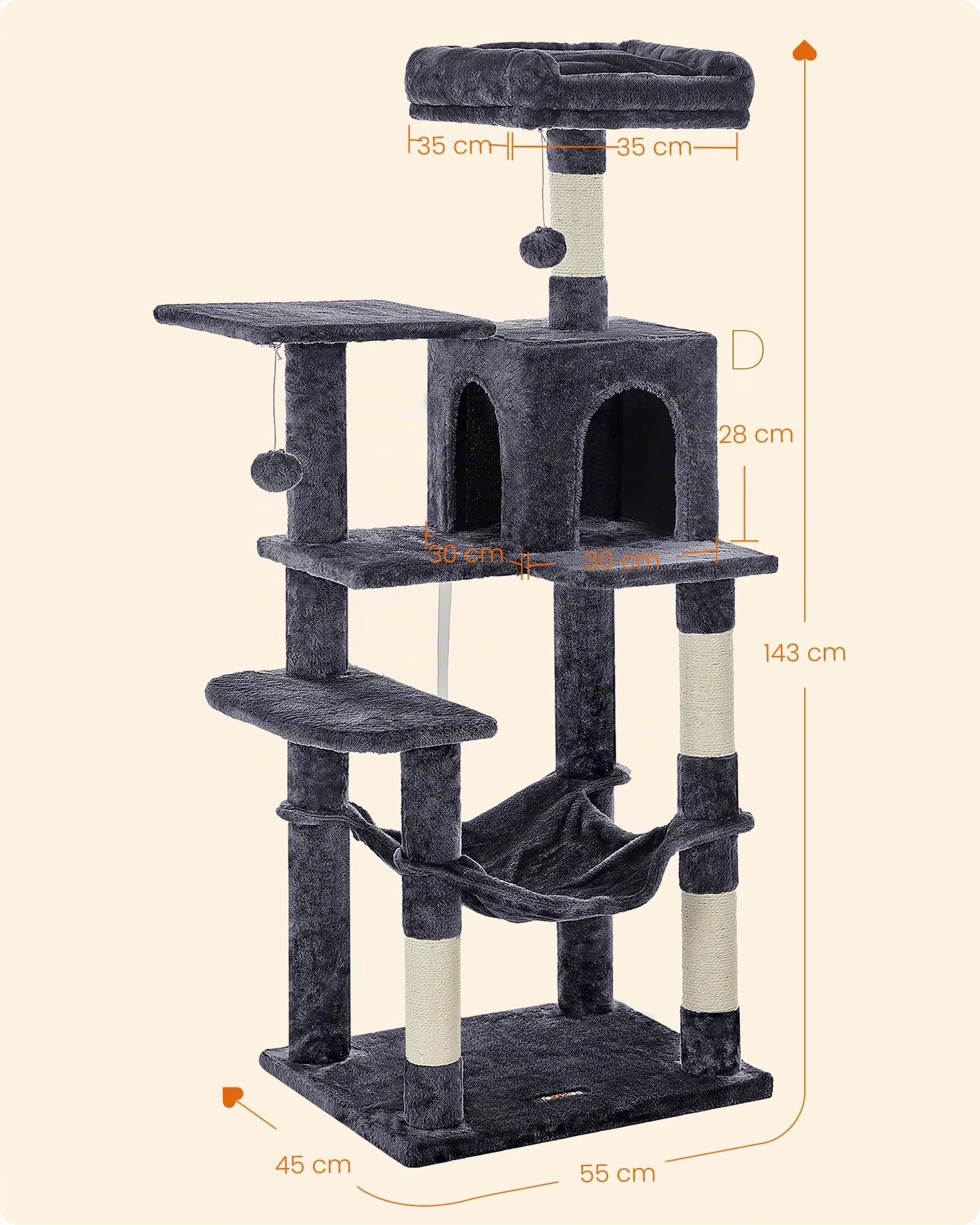 Feandrea Kratzbaum, 143 cm hoch, Katzenbaum, mehrstöckiges Katzenhaus, mit 4 Kratzsäulen, 2 Plattformen, Hängematte, Höhle, rauchgrau PCT161G01