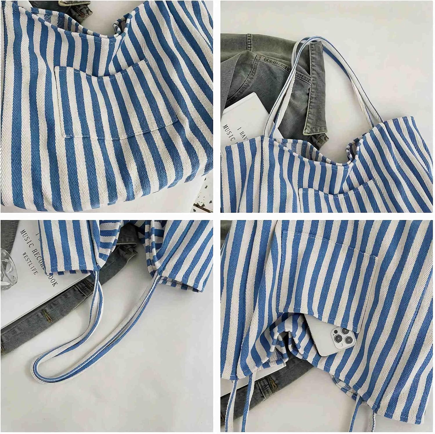 canvas tote bag for women, beach striped medium size shoulder bag with pocket, college everyday casual tote bag for work