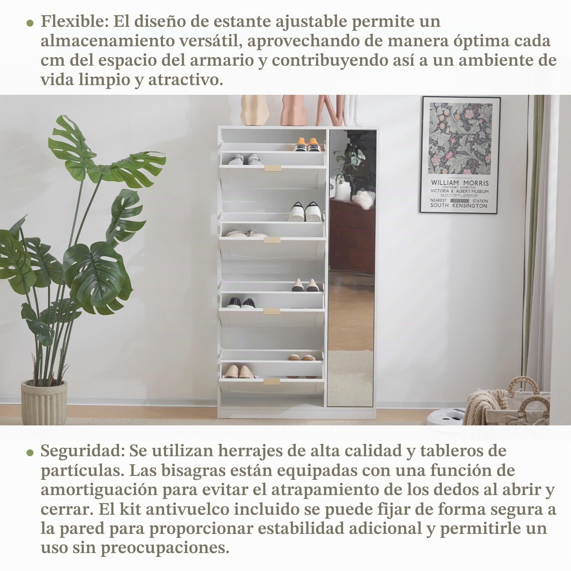 Kebnor Zapatero moderno con espejo, 4 compartimentos plegables, estante ajustable detrás del espejo derecho, ideal para pasillo, color blanco, tamaño: B80/H147/T24 cm