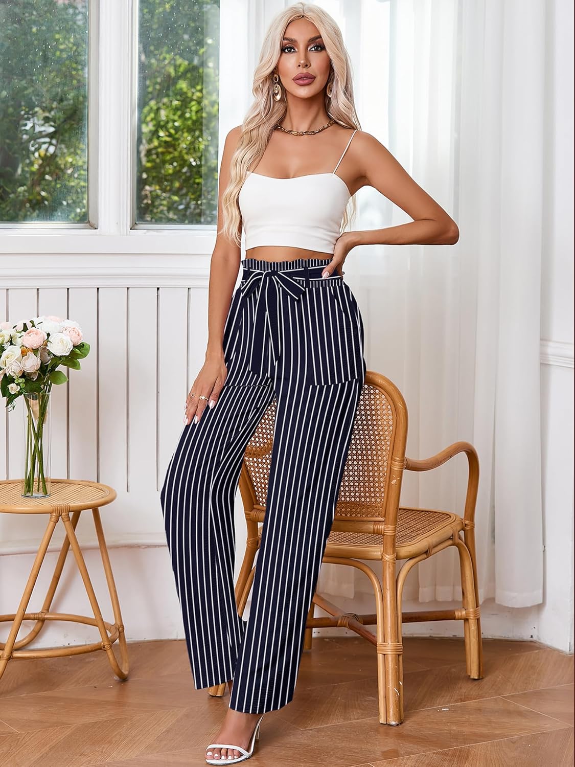 Heymoments Women's Wide Leg Lounge Pants with Pockets Lightweight High Waisted Palazzo Adjustable Tie Knot Flowy Trousers - Image 2